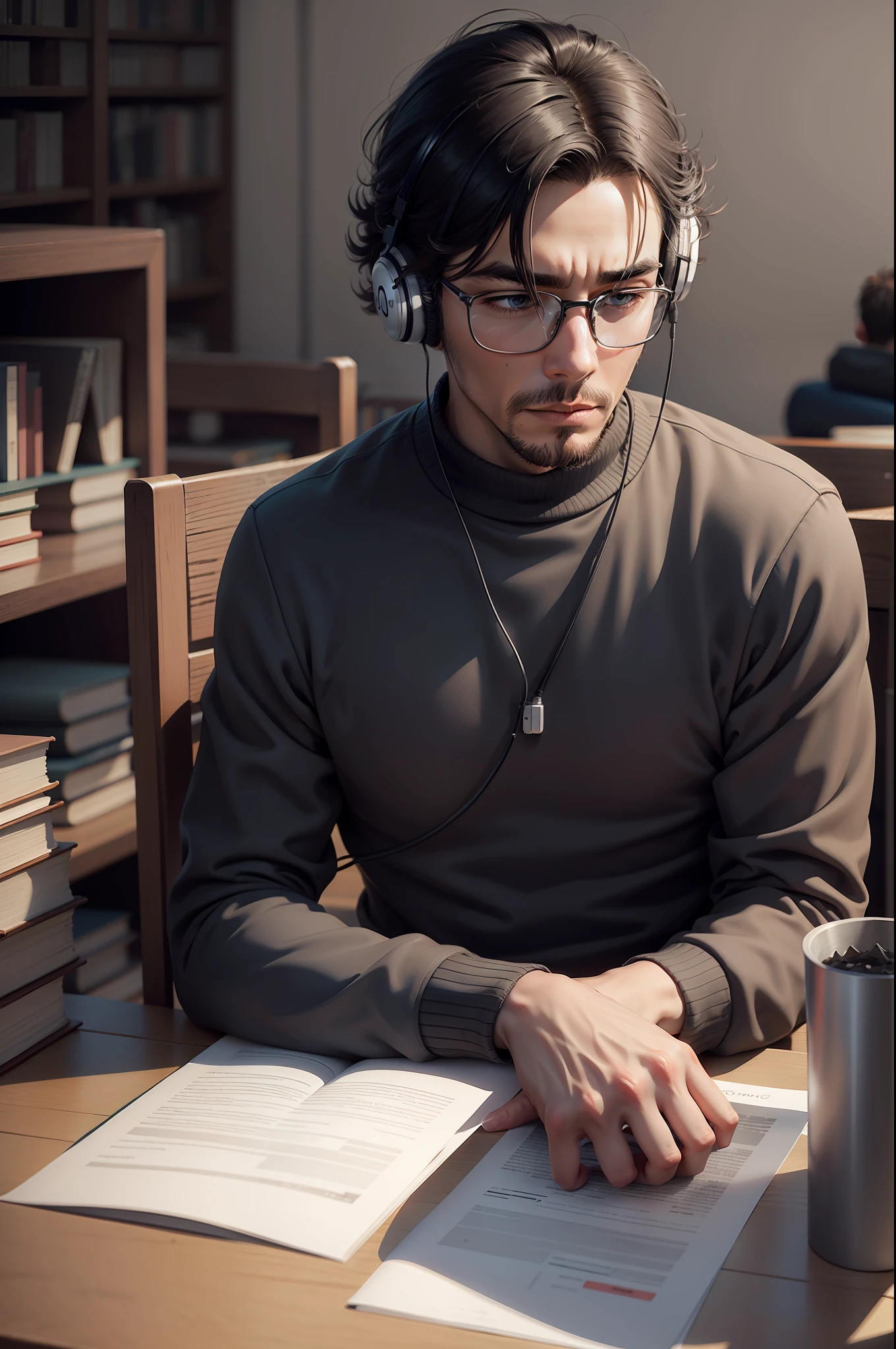 Ink wind,A man sits in a library studying wearing headphones