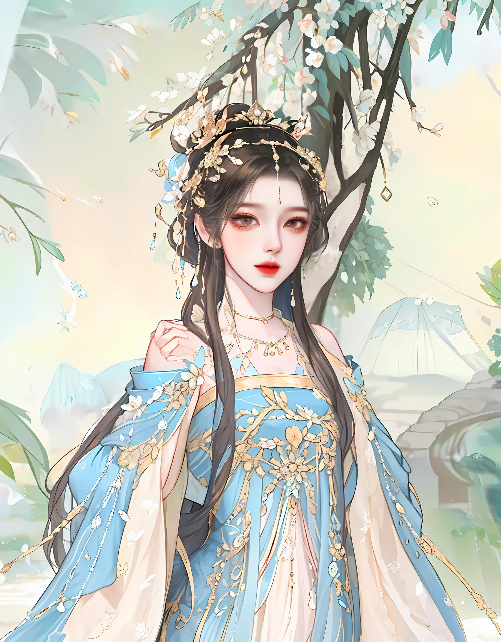 There is one wearing a blue dress,Woman with a crown on her head, a beautiful fantasy empress, ((a beautiful fantasy empress)), Palace , A girl in Hanfu, Inspired by Lan Ying, Beautiful character painting, Inspired by Qiu Ying, Inspired by Huang Ji, inspired by Du Qiong, G Liulian art style, A beautiful artwork illustration