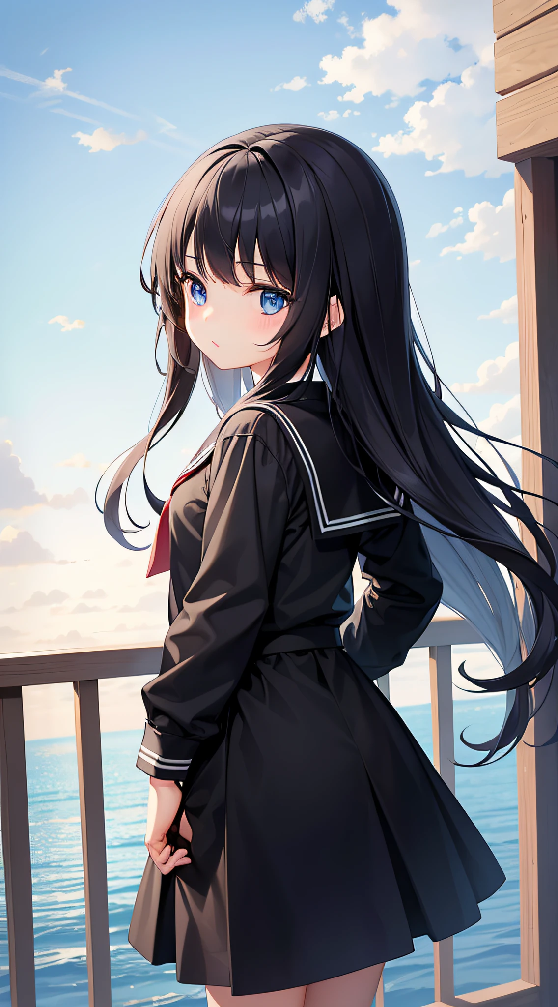 , girl, black long hair, sailor uniform, stand, blue eyes, masterpiece