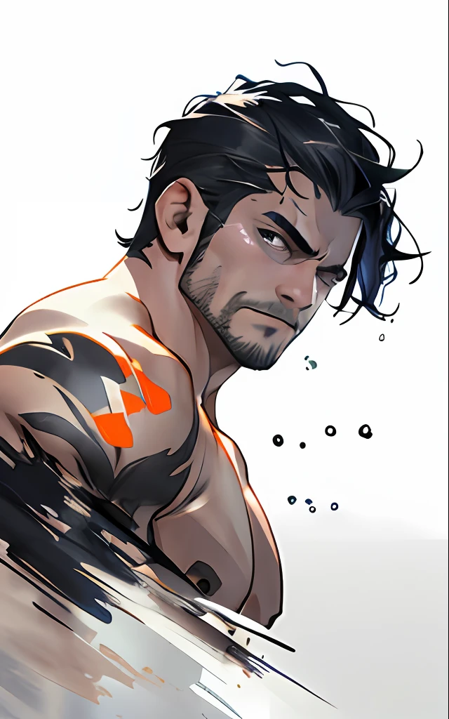 (masterpiece,best quality) , 1man, muscular, detailed eyes, upper body, looking at viewer, close-up,ink sketch, topless, (splashing,abstract background),