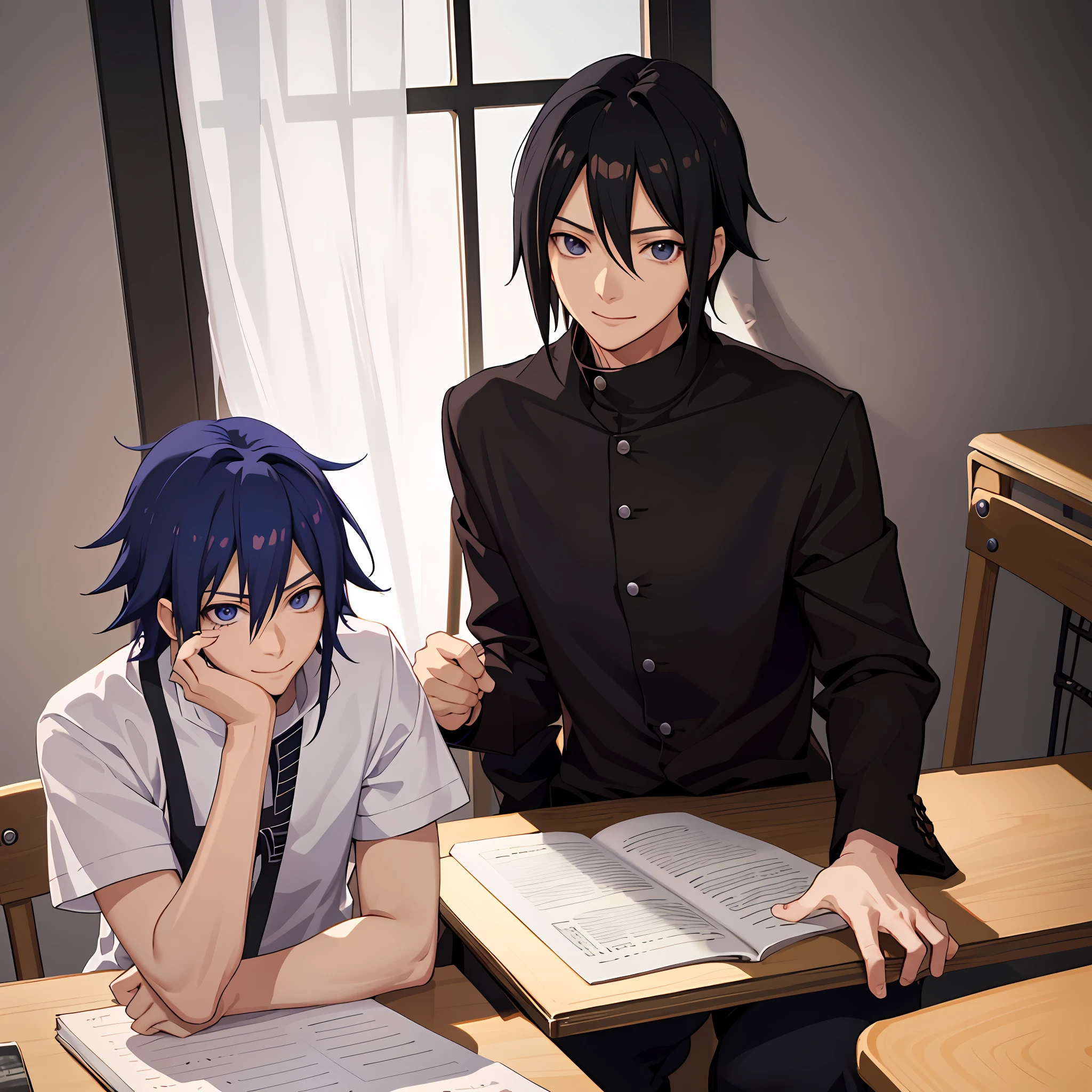 Double male,high-definition picture quality,Happy and pleasant,Smile calmly,Friendship with each other,Be red in the face。Sasuke Uchiha and Naruto Uzumaki were talking and laughing in the classroom,Sasuke Uchiha sat at the table,
