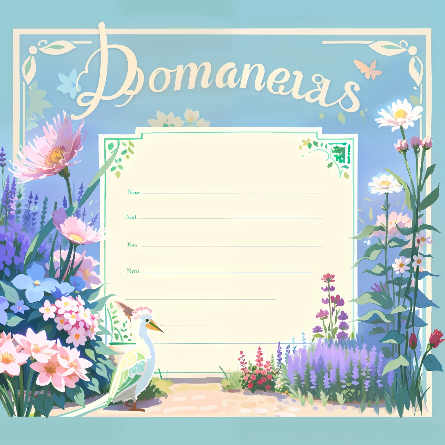 Letters and postcards featuring Monet's gardens,Soft and dreamy style,decorative borders,Colorful garden,Grass green tones,hand-drawn animation,Orderly arrangement