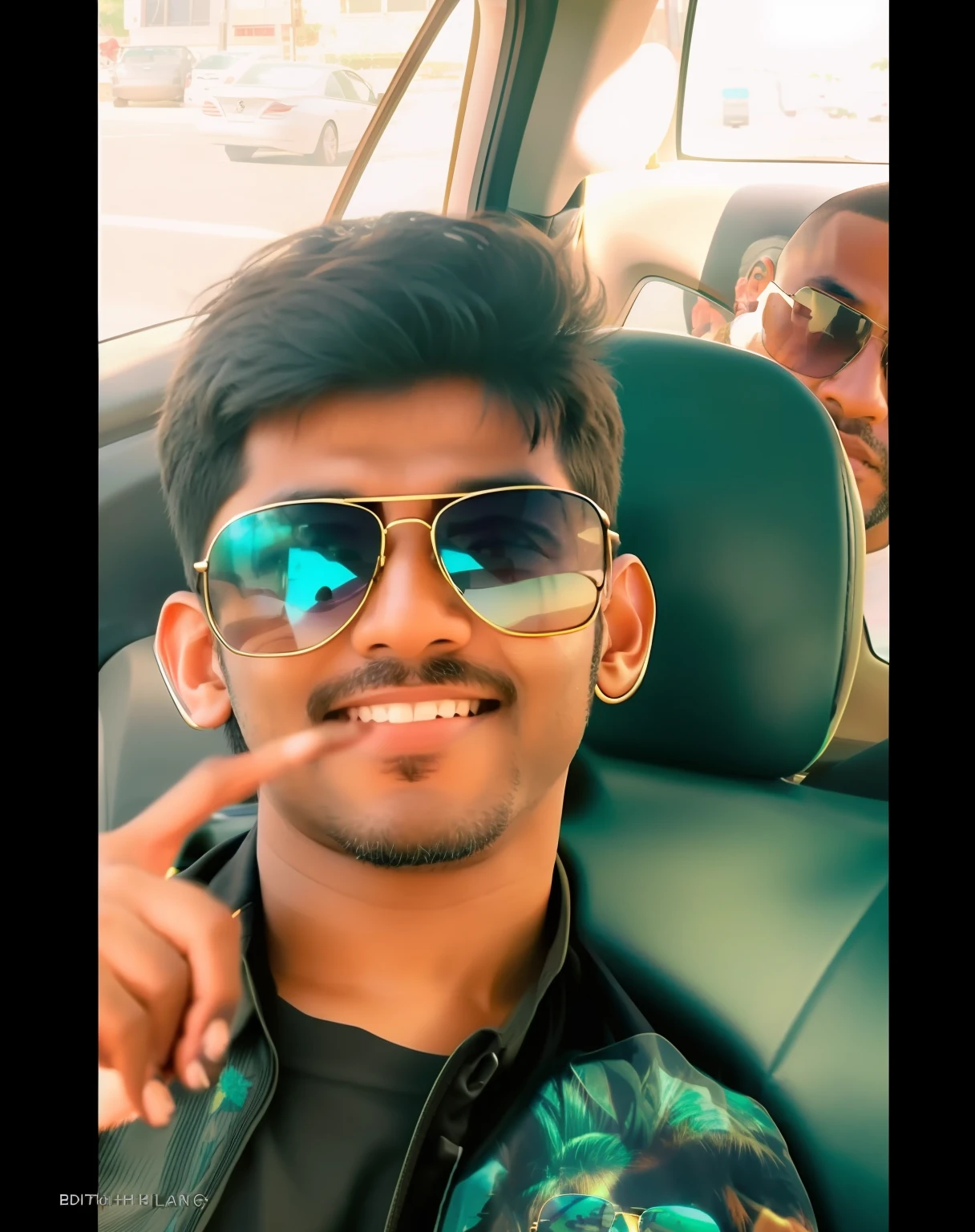 there is a man with sunglasses sitting in a car with a man in the back seat, jayison devadas, jayison devadas style, with sunglass, candid picture, very very low quality picture, with a happy expression, desaturated!!, with a cool pose, with accurate face, candid photo, around 20 years old, selfie shot straight on angle