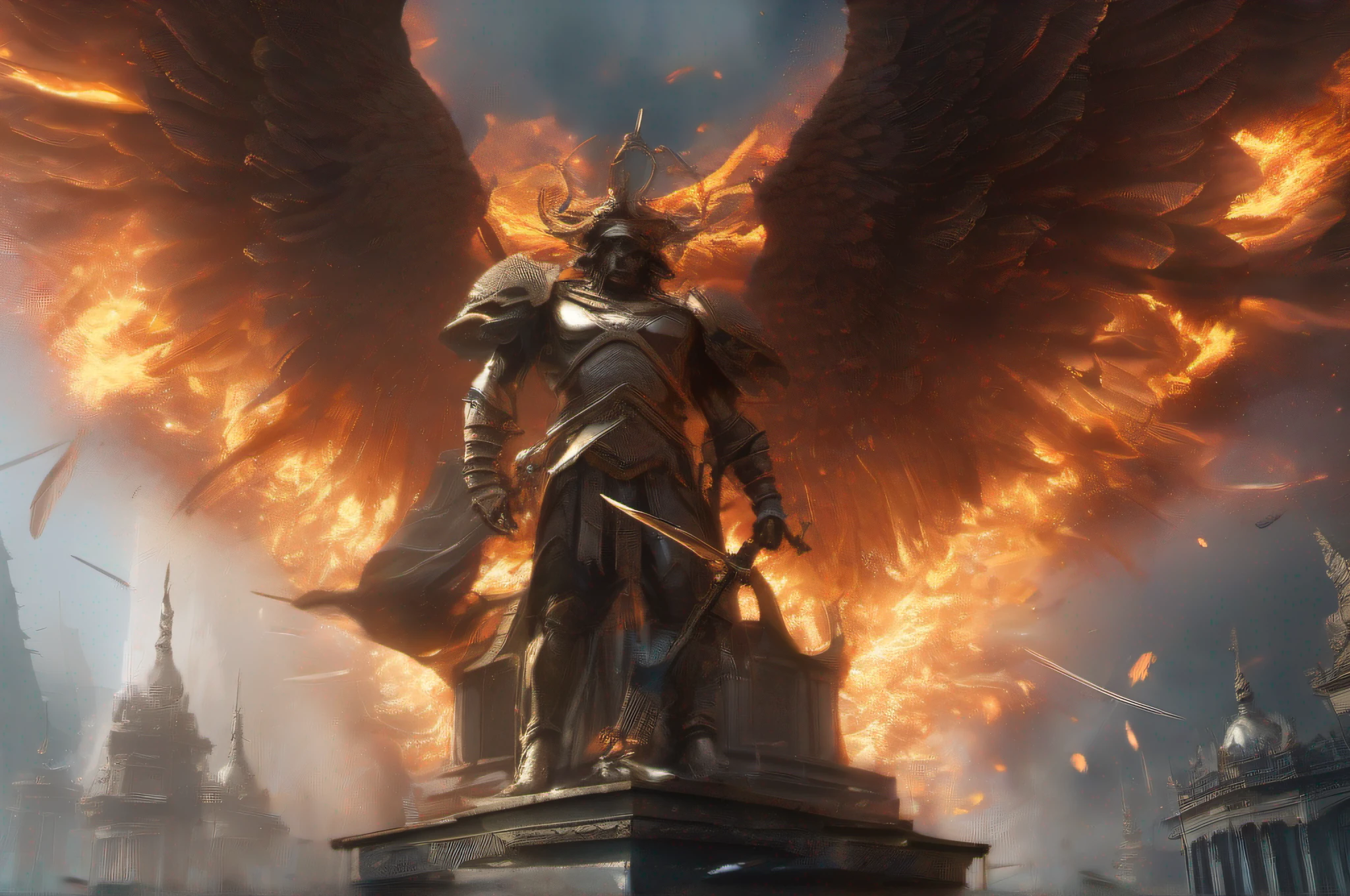 RAW wideangle photography, landscape, (He out-flew (Millions of flaming swords:1.3) drawn from the thighs Of (((mighty Cherubim:1.3))) ((((the sudden (blaze) Far round ((illuminated hell)))))) highly they (raged) Against the Highest and ((fierce)) (((with grasped Arms Clashed on their sounding Shields the din of (war)))) (((Hurling (defiance) toward the Vault of Heaven)))), epic, ominous, highly detailed, intricate environment, digital matte painting, outdoor, panoramic view, concept art, mystery, sharp focus, illustration, art by artgerm and greg rutkowski and magali villeneuve and alphonse mucha and rossdraws and wlop and craig mullins and James Jean and Andrei Riabovitchev and Marc Simonetti and peter mohrbacher, light by John Salminen, 4k uhd image, octane render, awesome, 8k, award winning art, cinematic lighting, high detail, intricate, ethereal, magical, otherworldly, dark fantasy, hyperrealistic, dreamlike, inky, old age, hypermaximalist, (decay:1.3), (grit:1.3), (neglect:1.3), to8contrast style RFKTR_sinetempore