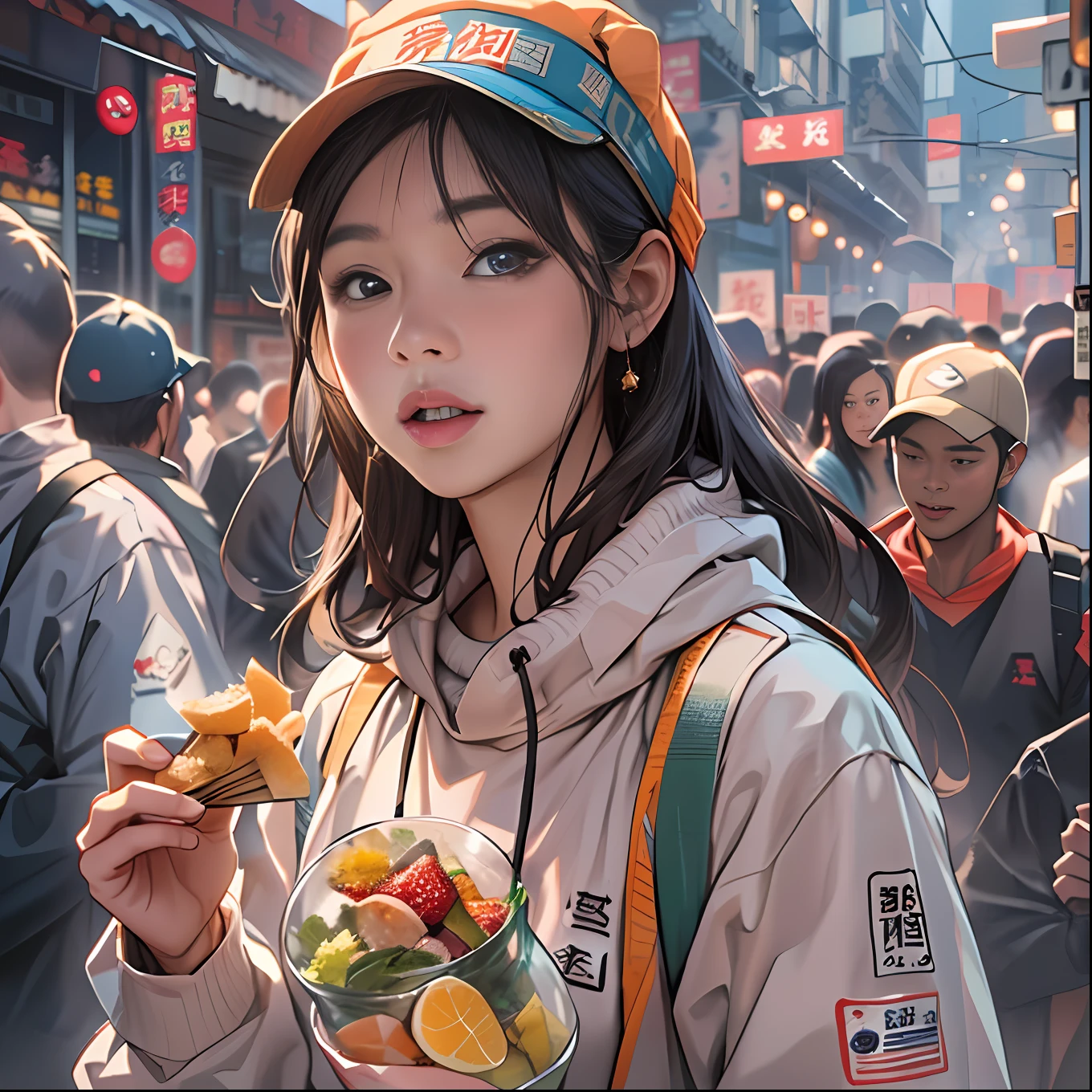 A lively and cute Asian young woman Yang Feiyue，Wear sportswear，Stand in the middle of a snack street crowd，Looking around for something ,in the style of the stars art group xing xing, 32K, Best quality, Masterpiece, Super detail, High details