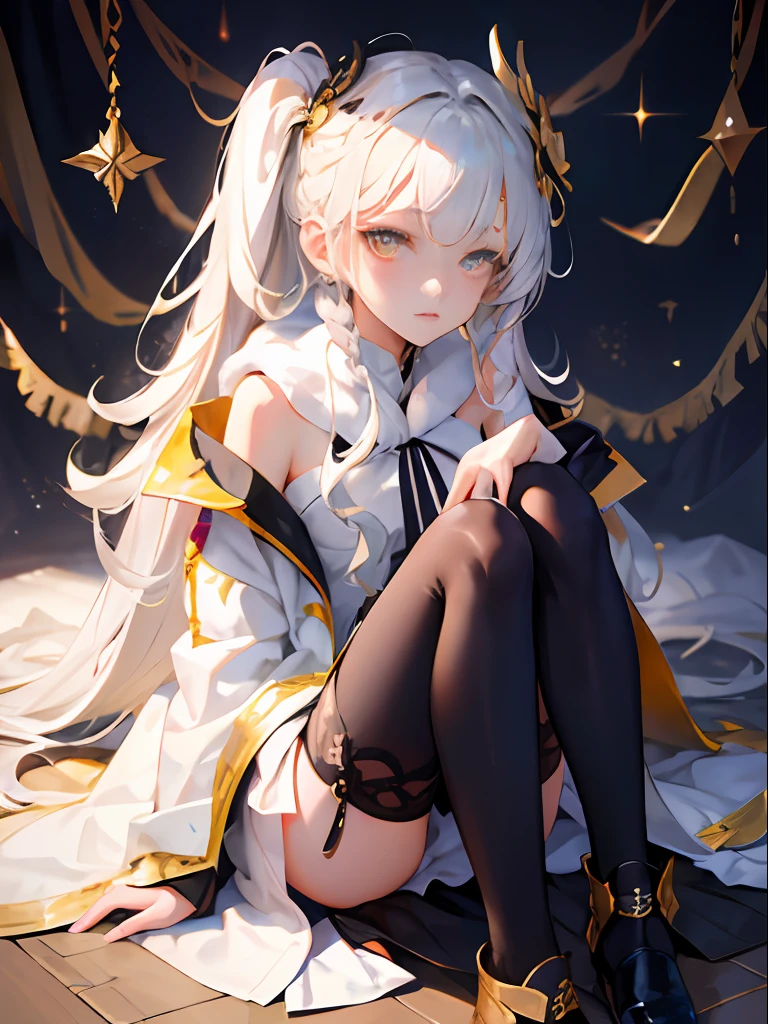 Need,tmasterpiece,whaite hair,Golden eyes,Manteau blanc,Hairline,Fair skin,SideBraid,fully body photo,blackstockings