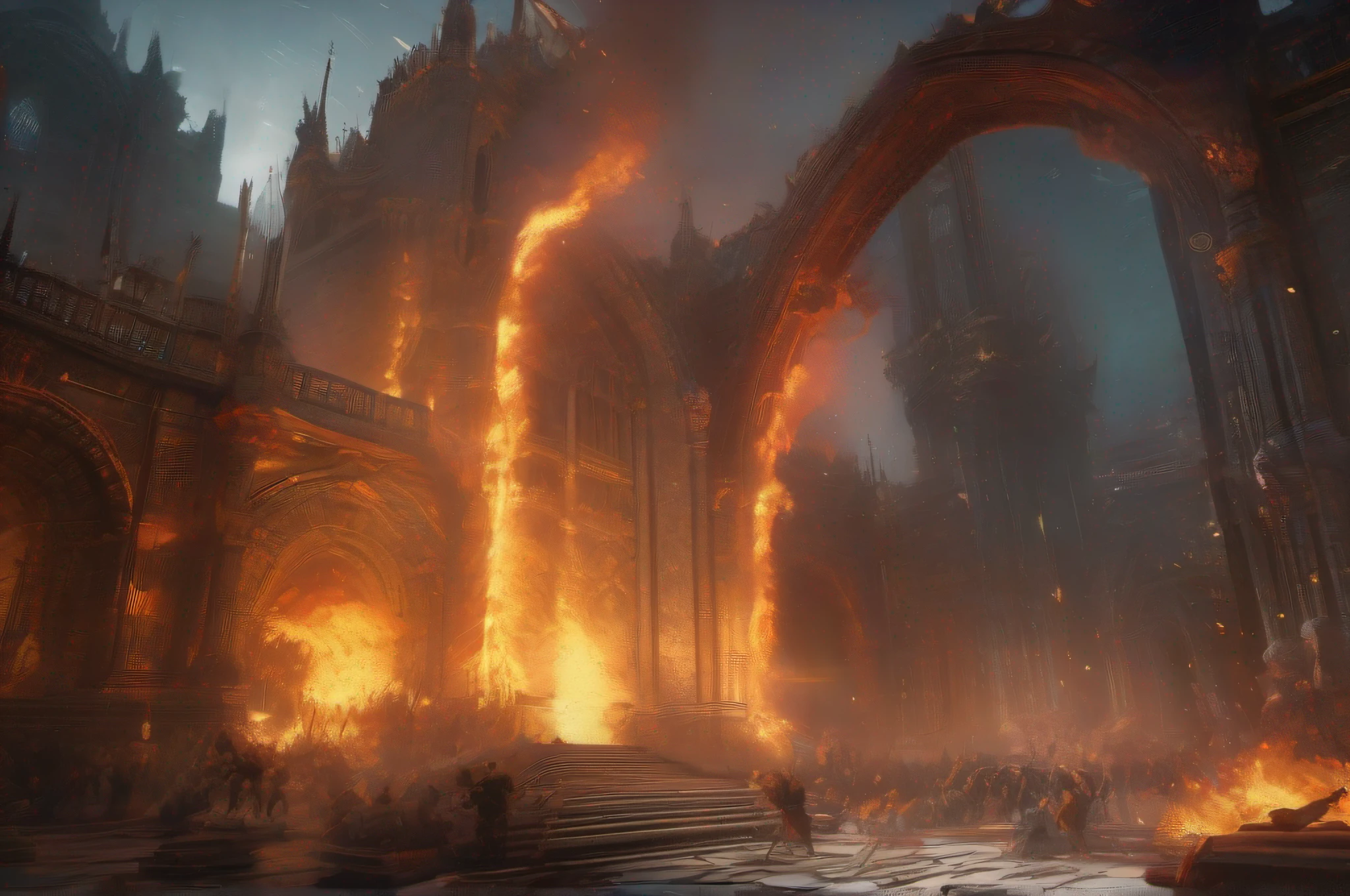 RAW wideangle photography, landscape, (He out-flew (Millions of flaming swords:1.3) drawn from the thighs Of (((mighty Cherubim:1.3))) ((((the sudden (blaze) Far round ((illuminated hell)))))) highly they (raged) Against the Highest and ((fierce)) (((with grasped Arms Clashed on their sounding Shields the din of (war)))) (((Hurling (defiance) toward the Vault of Heaven)))), epic, ominous, highly detailed, intricate environment, digital matte painting, outdoor, panoramic view, concept art, mystery, sharp focus, illustration, art by artgerm and greg rutkowski and magali villeneuve and alphonse mucha and rossdraws and wlop and craig mullins and James Jean and Andrei Riabovitchev and Marc Simonetti and peter mohrbacher, light by John Salminen, 4k uhd image, octane render, awesome, 8k, award winning art, cinematic lighting, high detail, intricate, ethereal, magical, otherworldly, dark fantasy, hyperrealistic, dreamlike, inky, old age, hypermaximalist, (decay:1.3), (grit:1.3), (neglect:1.3), to8contrast style RFKTR_sinetempore