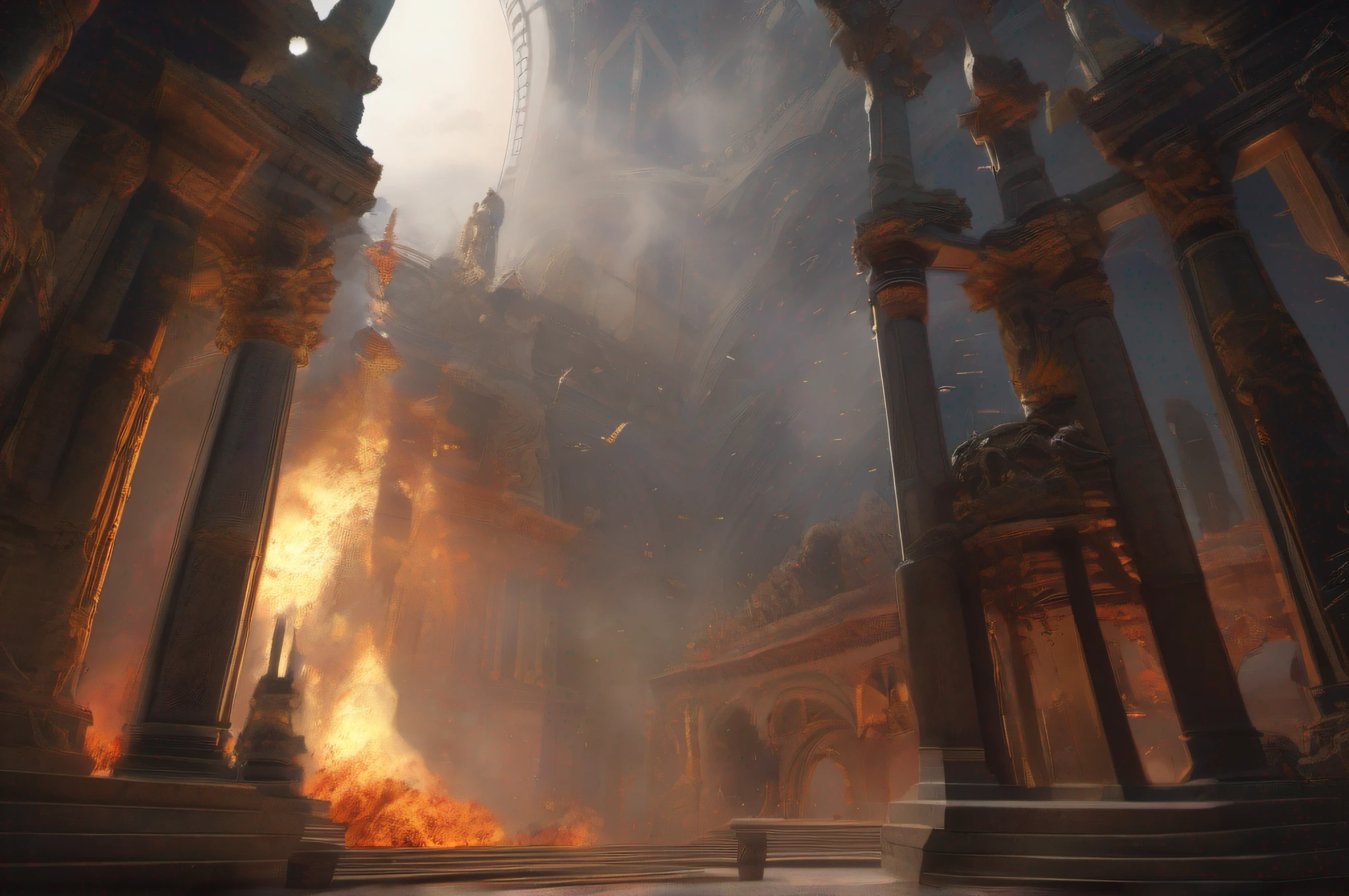 RAW wideangle photography, landscape, (He out-flew (Millions of flaming swords:1.3) drawn from the thighs Of (((mighty Cherubim:1.3))) ((((the sudden (blaze) Far round ((illuminated hell)))))) highly they (raged) Against the Highest and ((fierce)) (((with grasped Arms Clashed on their sounding Shields the din of (war)))) (((Hurling (defiance) toward the Vault of Heaven)))), epic, ominous, highly detailed, intricate environment, digital matte painting, outdoor, panoramic view, concept art, mystery, sharp focus, illustration, art by artgerm and greg rutkowski and magali villeneuve and alphonse mucha and rossdraws and wlop and craig mullins and James Jean and Andrei Riabovitchev and Marc Simonetti and peter mohrbacher, light by John Salminen, 4k uhd image, octane render, awesome, 8k, award winning art, cinematic lighting, high detail, intricate, ethereal, magical, otherworldly, dark fantasy, hyperrealistic, dreamlike, inky, old age, hypermaximalist, (decay:1.3), (grit:1.3), (neglect:1.3), to8contrast style RFKTR_sinetempore
