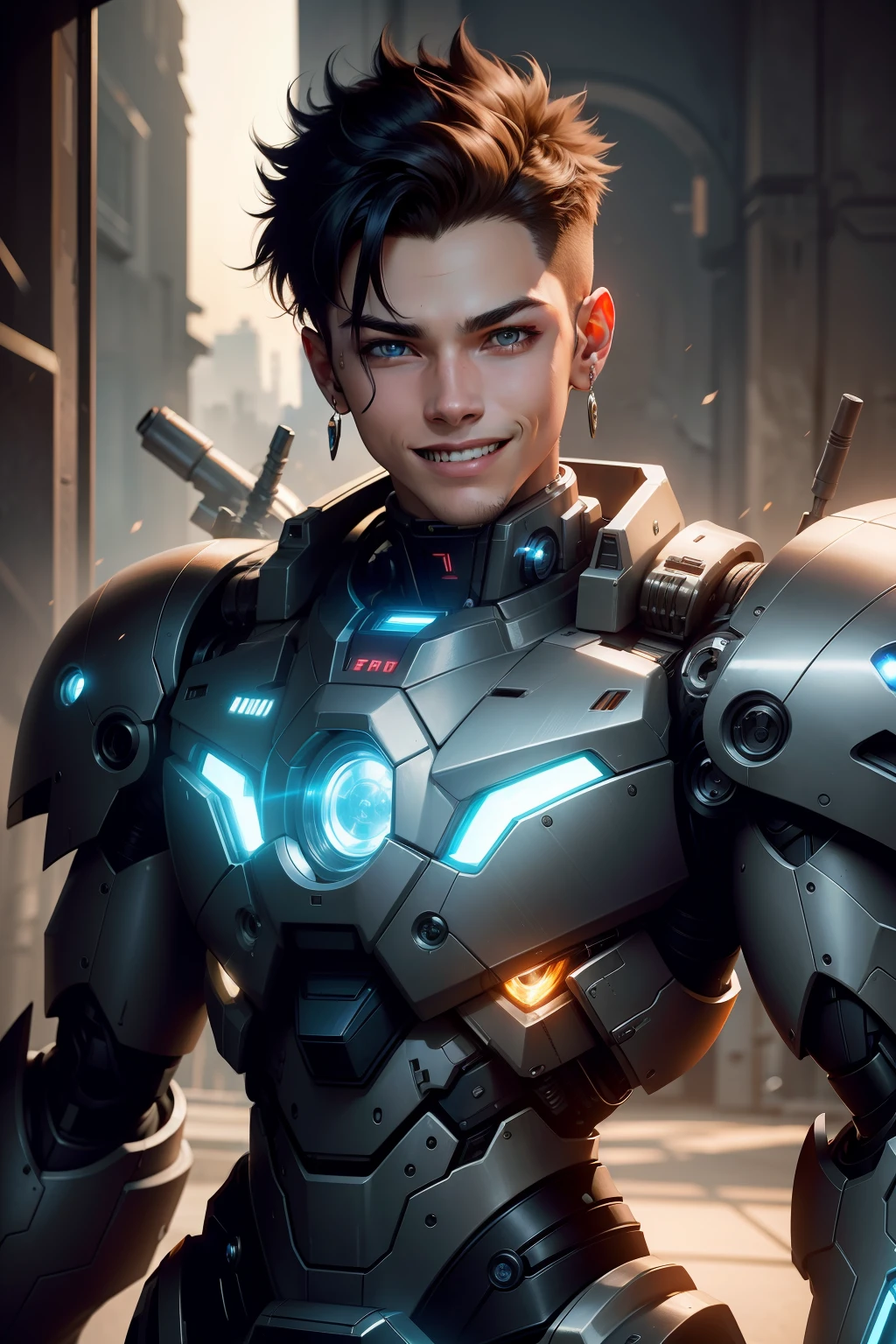 Masterpiece, best quality, 1 boy, grin, dramatic lighting ,epic, cyborg, mecha, machinery, robot, weapon, earrings,