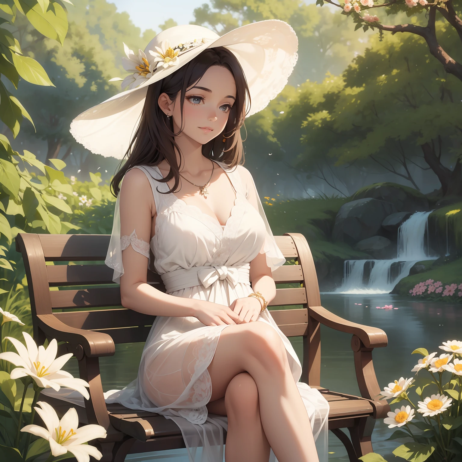 (masterpiece, best quality, 8k UHD, ultra-detailed, cinematic, photorealistic), perfect body, perfect anatomy, nice hands, nice eyes, a poised individual stands amidst a blossoming garden, their demeanor exuding quiet confidence, with one leg elegantly bent and the other foot gently pointed, they strike a graceful pose, their hands delicately touch the brim of a vintage-inspired hat adorned with silk blossoms, while a serene smile graces their lips, wrapped in a knee-length dress boasting subtle pastel tones, the flowing fabric is accentuated by intricate lace patterns and a slender waist belt, evoking a sense of classic allure reminiscent of the mid-20th century, complementing their ensemble, the individual wears a delicate necklace featuring pearls, along with a dainty bracelet, adorning their wrist is an ornate watch with a classic clock face, surrounding this charming scene, an array of vibrant roses, lilies, and daisies infuse the air with a delicate fragrance, nearby, a rustic bench in white beckons moments of tranquil contemplation, bathed in the gentle embrace of warm sunlight, the soft breeze rustles through the foliage, creating an atmosphere of serene beauty that encapsulates the enduring essence of vintage allure and sophistication