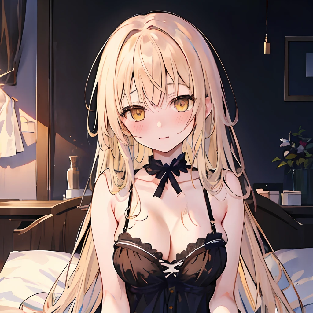 (Highest picture quality), (Master's work),(Detailed eyes description),(Detailed face description), 1girl, yellow eyes, shiina mahiru, yellow hair,(very long hair),very long hair ,black night gown, cum, face showered with cum, nsfw, missonary pov , sex, missionary, visible shoulders, blush, cleavage, big breast, bed, indoor, bedroom, woman, front, shy, expression, scene, attention-grabbing, modern, focus, realistic lighting, extreme blushing, lewd