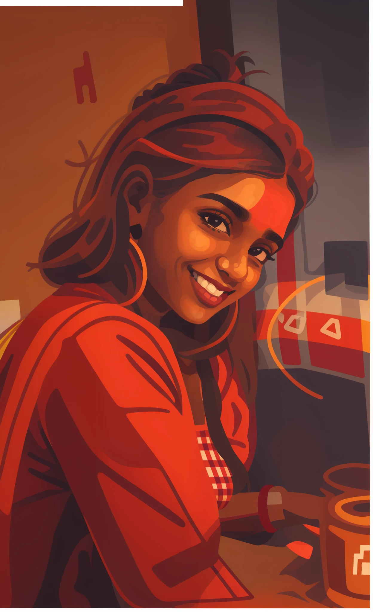 girl in a red flannel shirt, a colorized photo by T. K. Padmini, tumblr, hurufiyya, with lovely look, around 1 , indian girl with brown skin, profile pic, innocent smile painting of a woman, vibrant and bold pop art with high contrast colors, dynamic composition, and exaggerated details