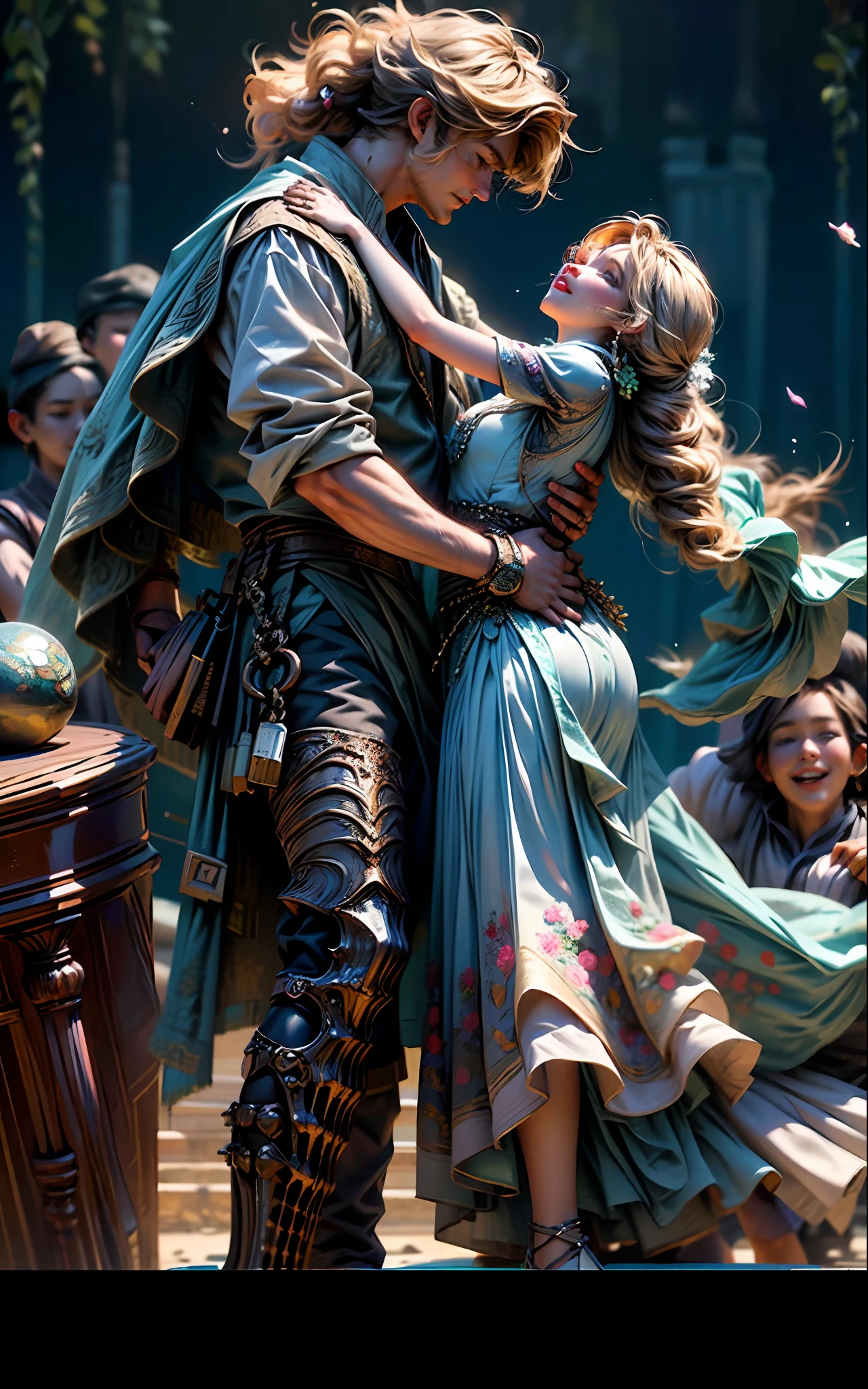 (Best quality, masterpiece), two figures, a man and a woman, blonde and a handsome man, smiling, relaxed, dancing pose, elegant, particles, wind, flowers, upper body, simple background with gear elements, background is modern times --v 6