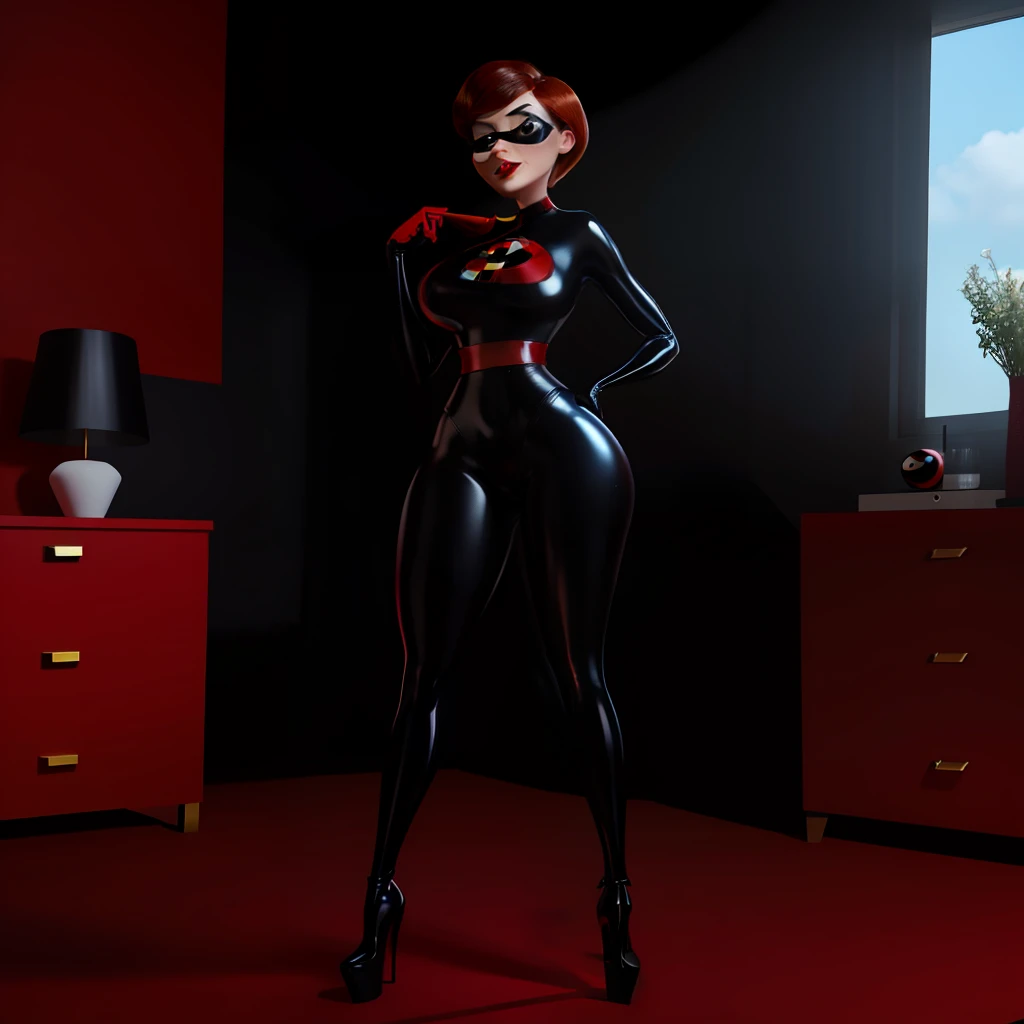 The Incredibles Elastigirl perfect body, perfect body and face, , bedroom, perfect fake breasts, huge platform boots, platform boots, latex, slutty, sexy, full view, full body shot