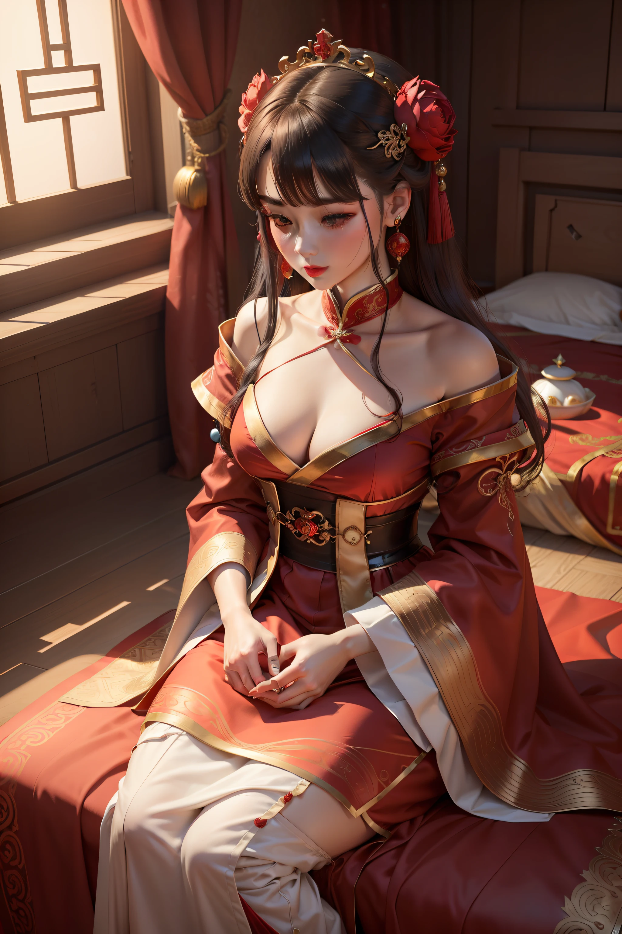 (Best quality: 1.1), (Realistic: 1.1), (Photography: 1.1), (highly details: 1.1), A man wears a red and gold dress,Woman with a crown on her head, A hair stick, (sitting on red bed), Blushing, Shy, black_Hair, crown, Looking down, (2 red candles), Chinese_clothes, Curtains, Earrings, Hair_decorations, Hanfu, interiors, jewelry, Long_Sleeves, Red dress, Redlip, nipple tassels, (Red quilt), (red palace: 1.2), (3DMM: 1.5),mix4,
3
