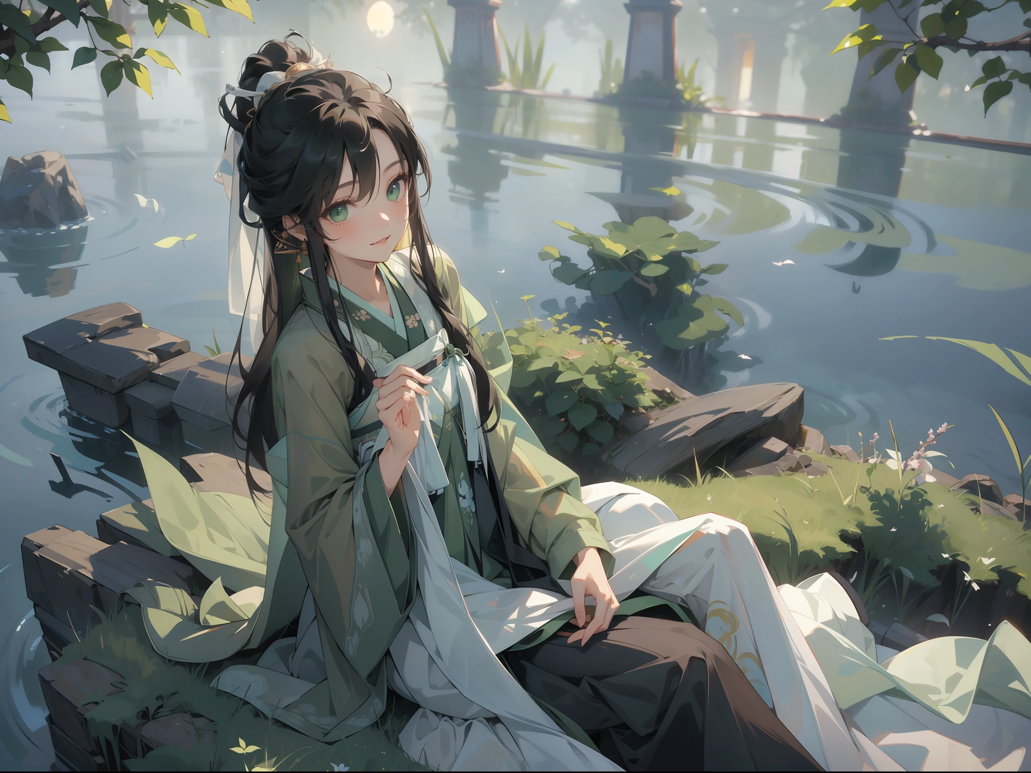 tmasterpiece,Ultra-clear image quality,16 yaers old,Long black hair fluttering,Green eyes,ssmile,Pale green hanfu,Look up at the perspective,,Background with:Lakeside in the moonlight