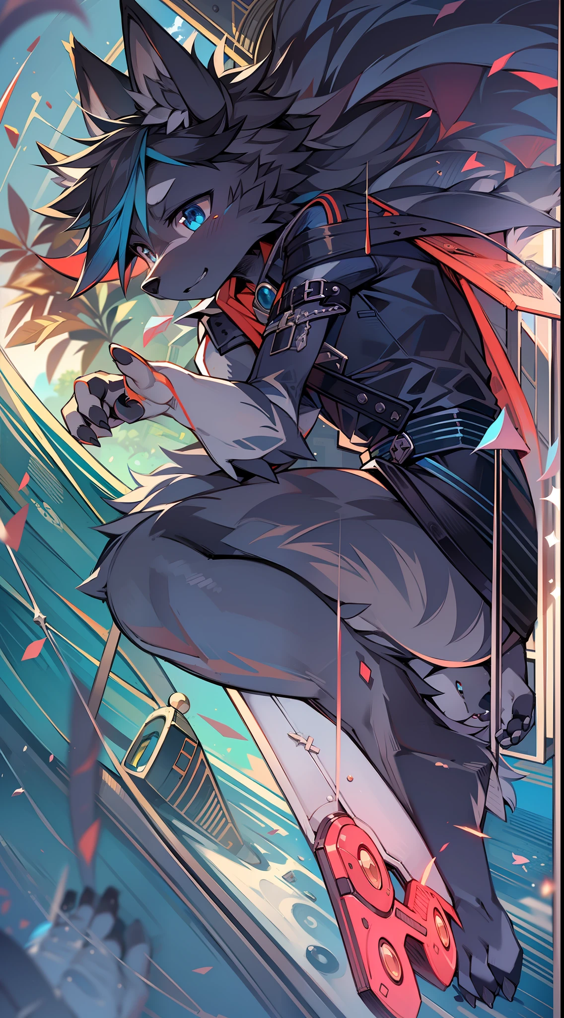A wolf,Shota,Black redhead,Black fingerless long gloves,Black pedal socks,tender ,nakeness,Blue sky