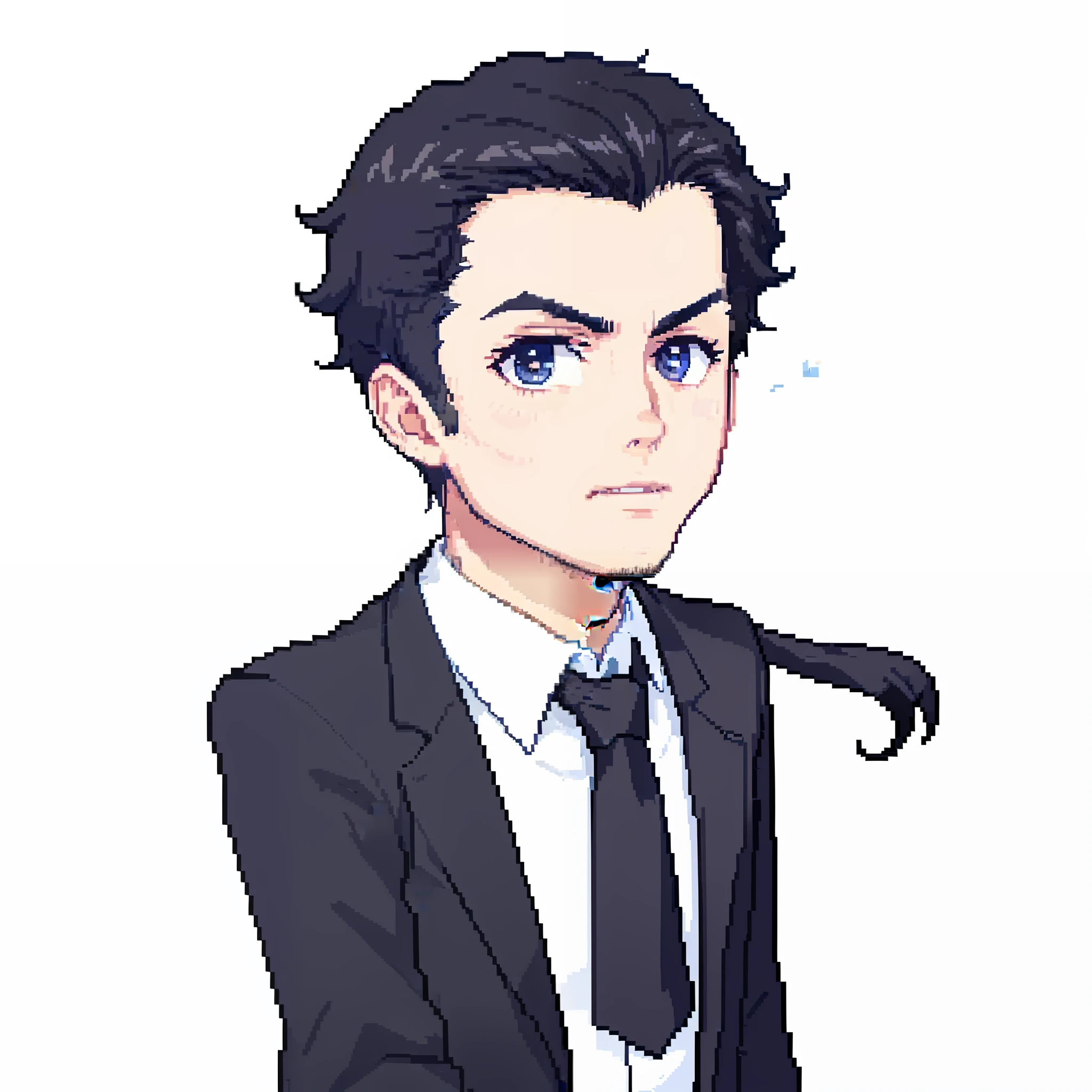 A handsome young man，Slightly fat，Wear stylish suits and ties，A neat black hair，brush cut，thick eyebrow；Shooting from front，closeup cleavage，The eyes are focused，Pixel art, tmasterpiece，schoolboy，head portrait。(styled、Theme optimization)
