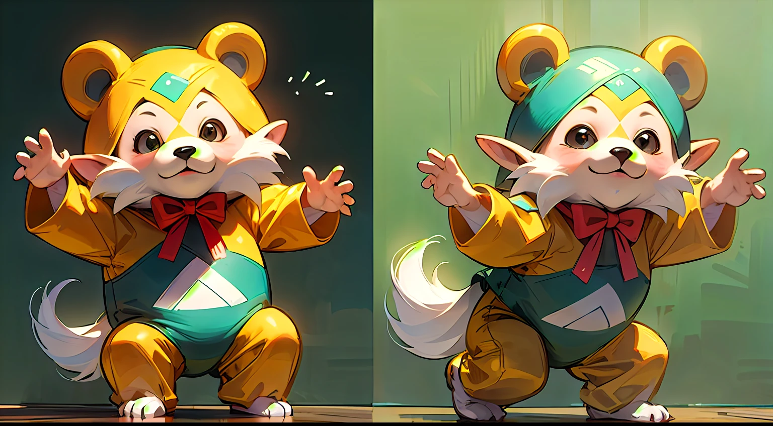 Cute elf character drawn in realistic hand drawn style、I work at a concept café、Today I generated a bright illustration of dancing in a bear costume。