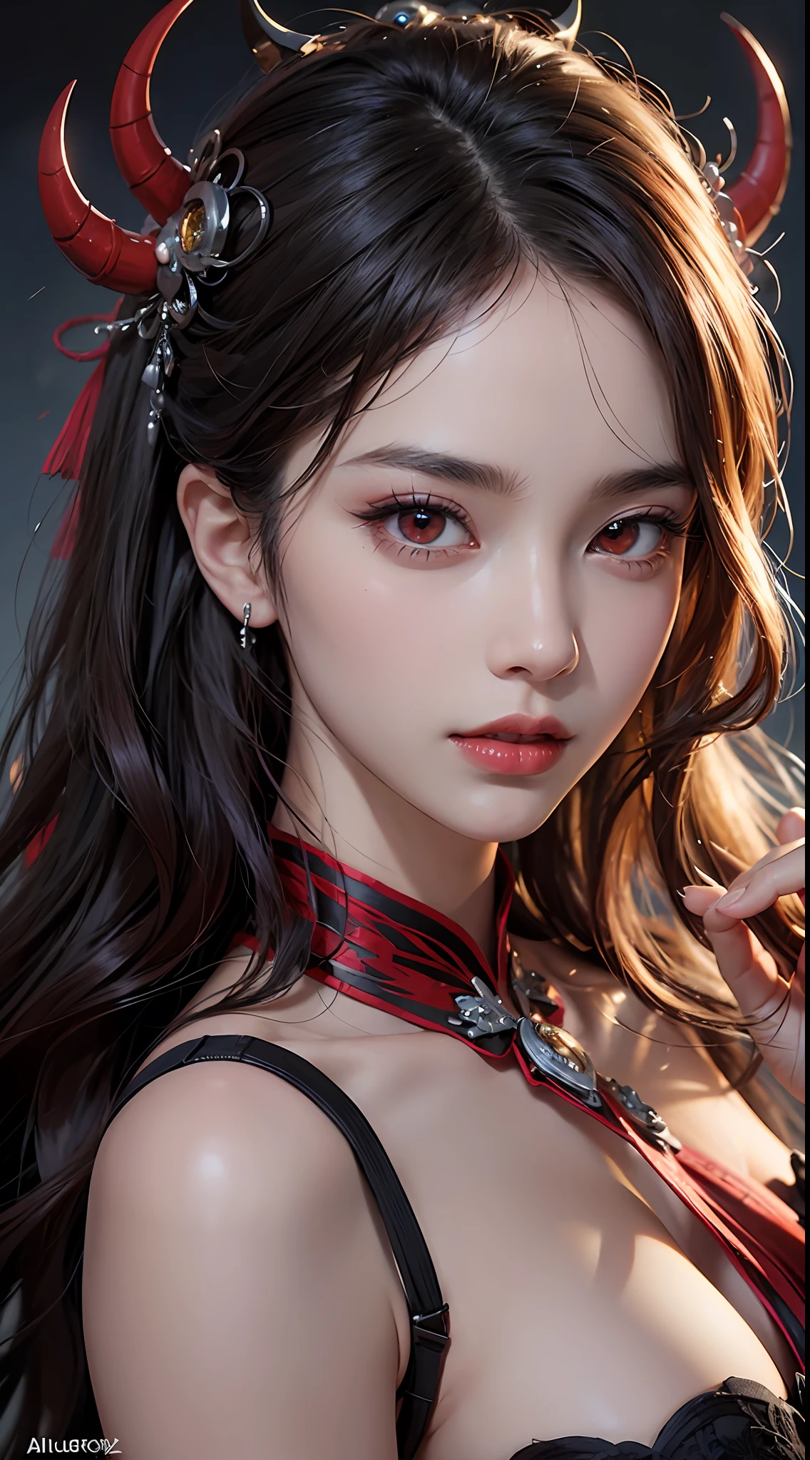 1 beautiful devil woman from hell, surreal female portrait by David Hockney and Alphonse Mucha, realistic shorts, chinese doll, photorealism, dynamic lighting, artstation, poster, volumetric lighting, clean pink and white face, super realistic face, beautiful face and very detailed make-up, 8k ultra, awarded, in the dark, low key, cowboy lens, (Red phoenix dress: 1.0), long hair, black hair, bust, devil's Palace, devil crown, eyes make up very sharp and detailed, the most beautiful face, super tight breasts, breast augmentation, the breasts are very big and round and round, super realistic, chinese women's clothing, polo neck sweater, charming smile, the eyes are very well made up, ((Deep red eyes:1.2)), big round eyes, glaring at the viewer, guweiz, devil style, wearing black mesh socks, ponytail with a bow tied at the back of the hair, plump and beautiful red lips, wearing a thin red and black robe, Hands pull the straps to reveal sexy breasts, the landscape is overcast and thunderous, beautiful female devil portrait, close-up of the main character, (detailed spooky background:0.8), HDR, UHD, 8kquality, detailed pixel, facing the beautiful girl, looking at the girl body,