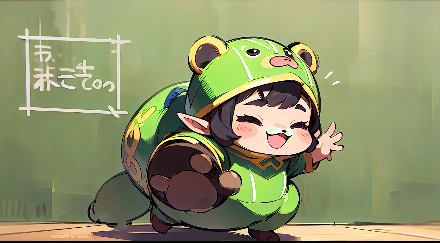 Cute elf character drawn in realistic hand drawn style、I work at a concept café、Today I generated a bright illustration of dancing in a bear costume。