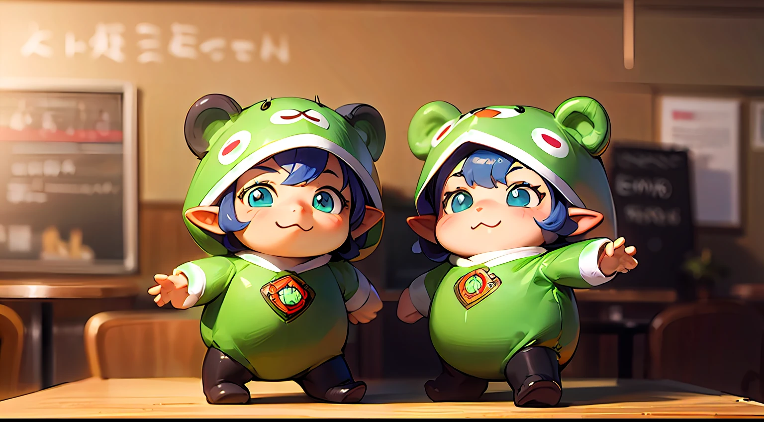 Cute elf character drawn in realistic hand drawn style、I work at a concept café、Today I generated a bright illustration of dancing in a bear costume。
