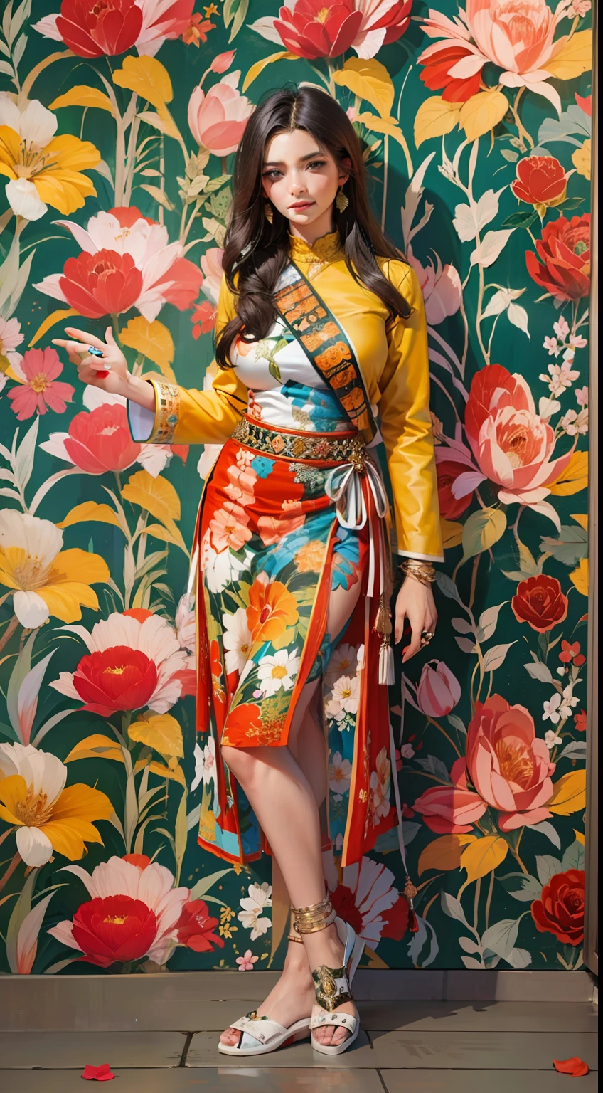 Beautiful woman in intricate Bold and Bright Florals Outfit