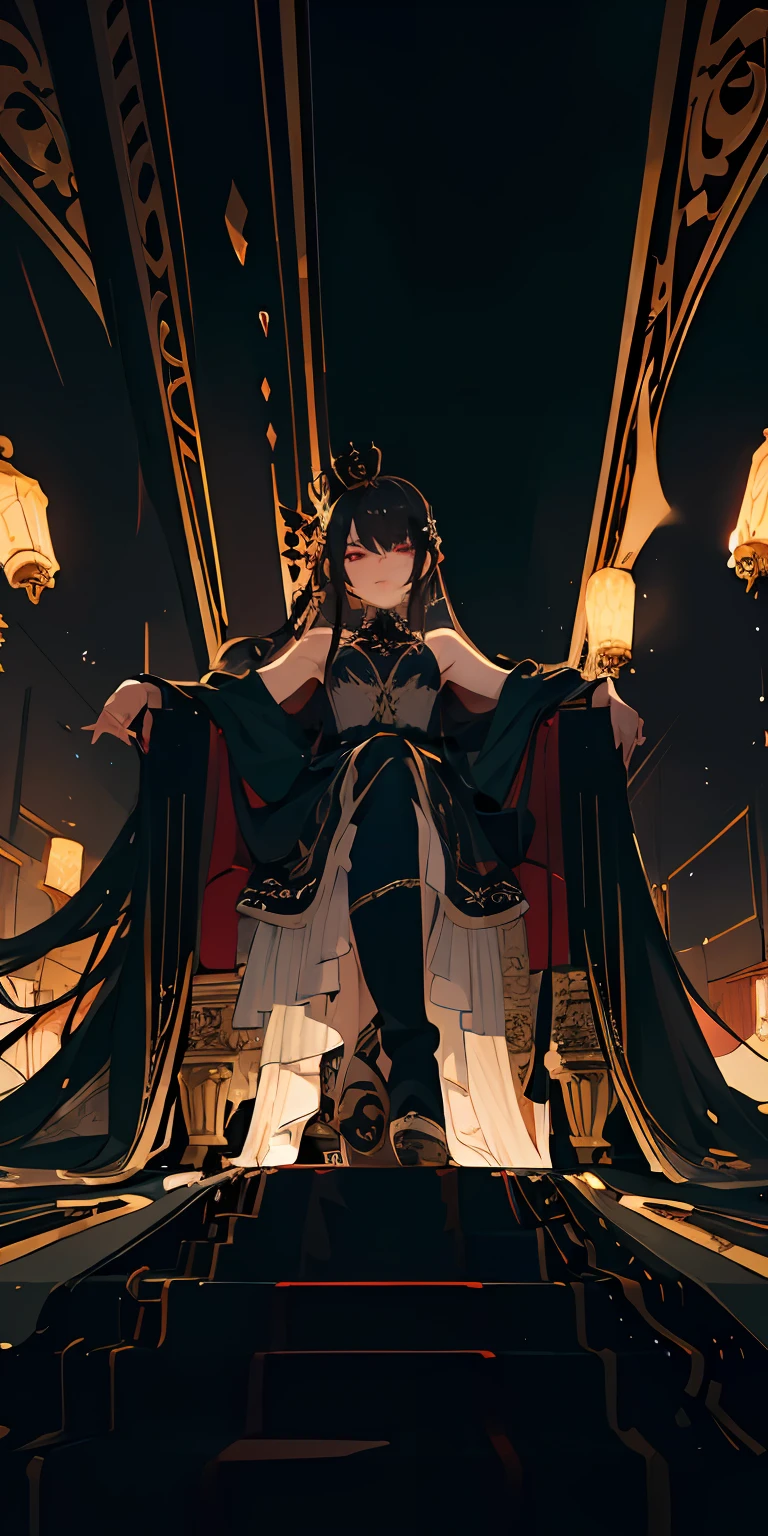 (Masterpiece:1.2), best quality, (illustration:1.2), (ultra-detailed), hyper details, (delicate detailed), (intricate details), (cinematic light, best quality Backlights), clear line, from below, solo female, perfect body, (1girl), black hair, glowing red eyes, (emperor, black see-through clothes),(crown:1.1), sitting on Throne, slightly close eyes, looking downward, turn head, ((makeup)), high contrast, (best illumination, an extremely delicate and beautiful), ((cinematic light)), colorful,
