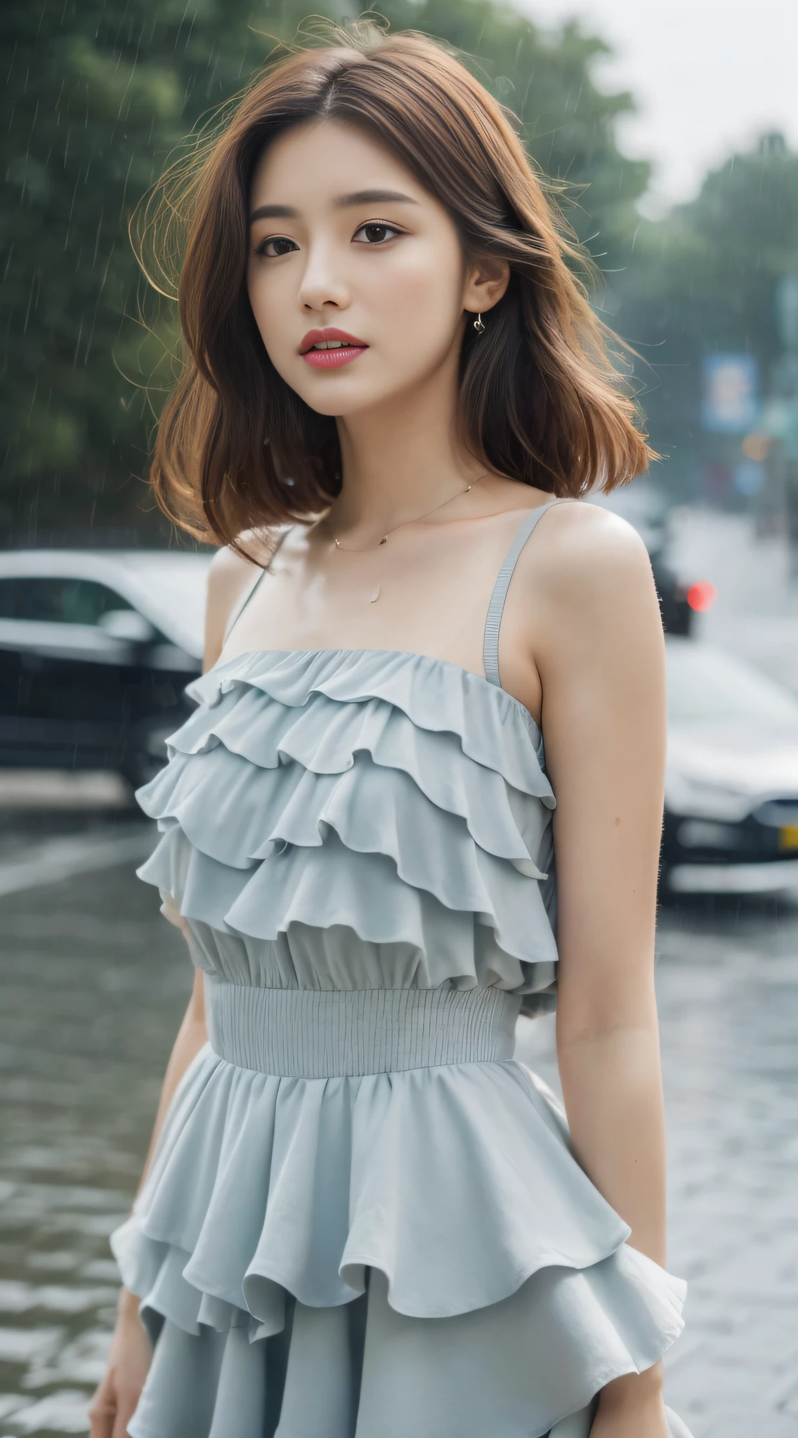 ((Best Quality, 8k, Masterpiece: 1.3)), Focus: 1.2, Perfect Body Beauty: 1.4, Buttocks: 1.2, ((Layered Haircut, Flat Chest: 1.2)), (Rain, Street:1.3), Bandeau Dress: 1.1, Highly Detailed Face and Skin Texture, Fine Eyes, Double Eyelids, Whitened Skin, Long Hair, (Shut Up: 1.3), Full Body