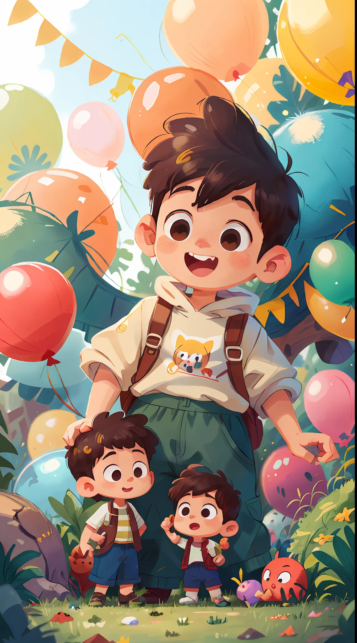 A boy, zoo, many balloons, happy, happy, perfect quality, clear focus (clutter - home: 0.8), (masterpiece: 1.2) (realistic: 1.2) (bokeh) (best quality) (detailed skin: 1.3) (complex details) (8K) (detail eyes) (sharp focus), (happy) full body, two children, clean background, long view composition, 85MM SHOT