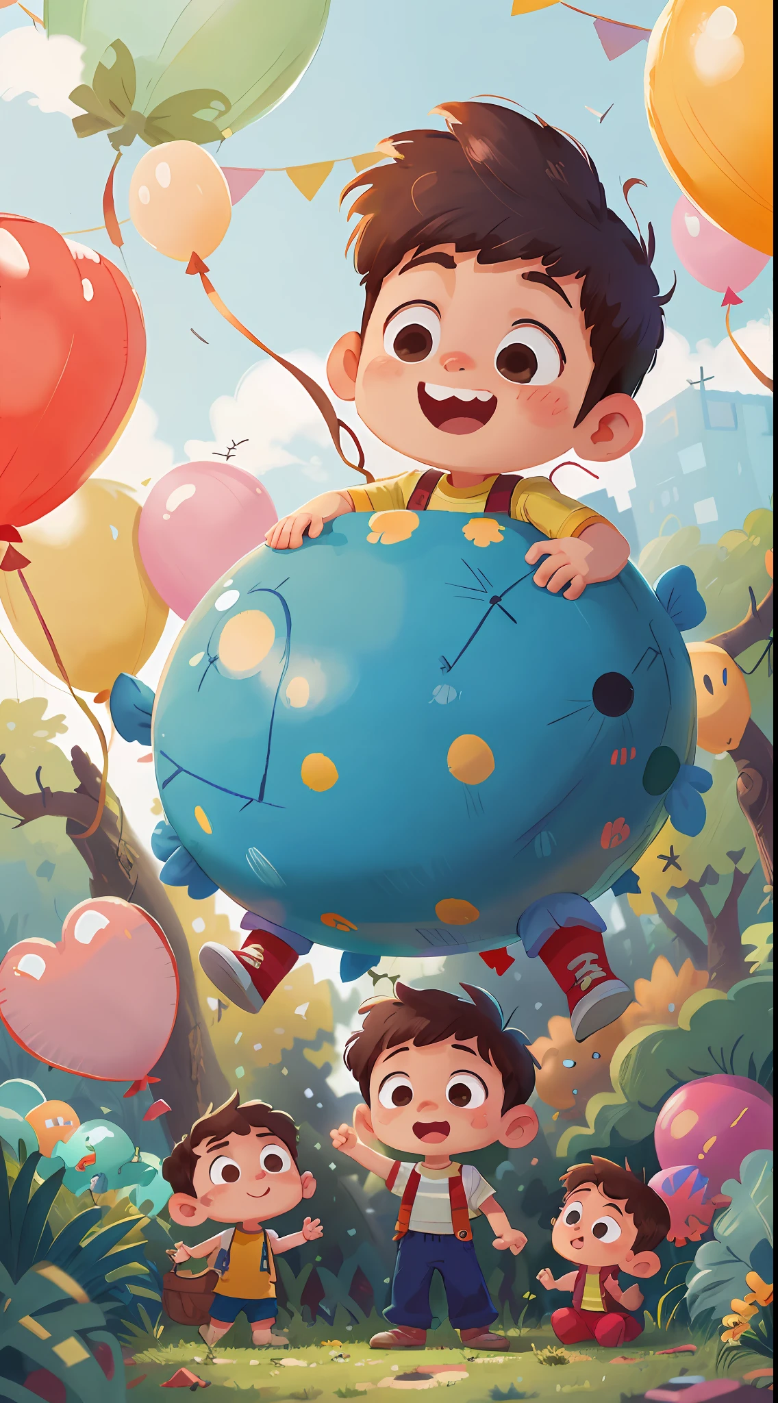 A boy, zoo, many balloons, happy, happy, perfect quality, clear focus (clutter - home: 0.8), (masterpiece: 1.2) (realistic: 1.2) (bokeh) (best quality) (detailed skin: 1.3) (complex details) (8K) (detail eyes) (sharp focus), (happy) full body, two children, clean background, long view composition, 85MM SHOT