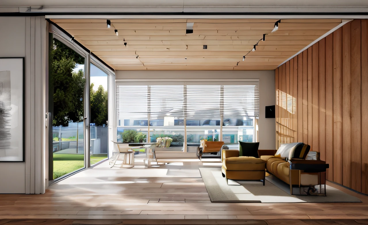 a sketch of a beautiful modern living room, (((foster and partners, artists impression, artistic impression, by Hamish MacDonald, by Carey Morris, by David Brewster, higher detailed illustration, by Helen Berman, an illustration, detailed illustration, by Nick Fudge, by Warren Mahy, artist's impression))), a red kitchen cabinet behind the white sofa, with minimal pictures on the wall, linen curtain next to the classroom window, coffee table, modern wood, ceiling with magnetic emissive lighting, white fabric PRB textures, wooden floor PRB texture,