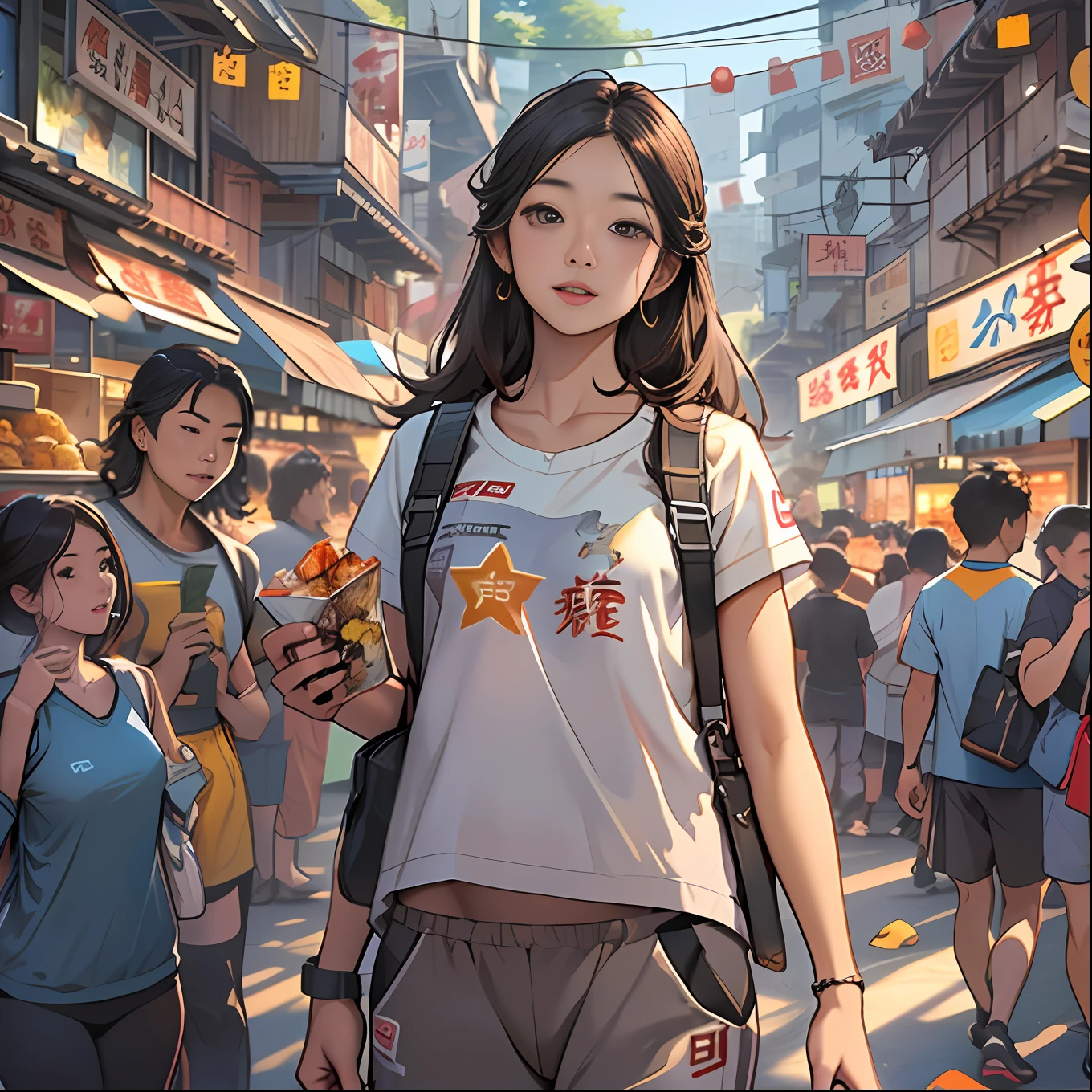 Lively and cute asian girl，Wear sportswear，Standing in the middle of the crowd at the snack street，Look around for something ,in the style of the stars art group xing xing, 32K, Best quality, Masterpiece, Super detail, High details