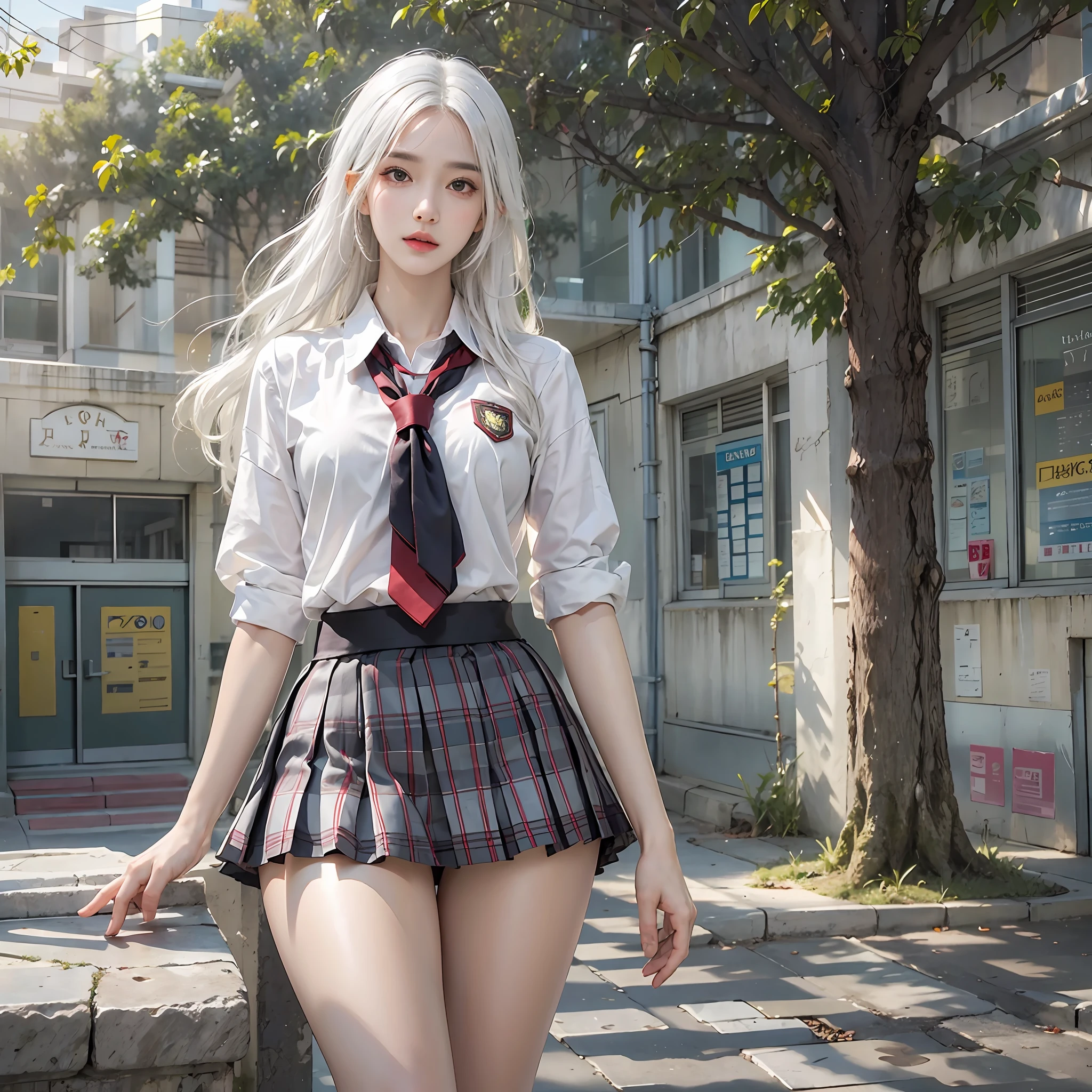 photorealistic, high resolution, 1women, solo, hips up, look at viewer, (detailed face), white hair, long hair, school uniform, skirt