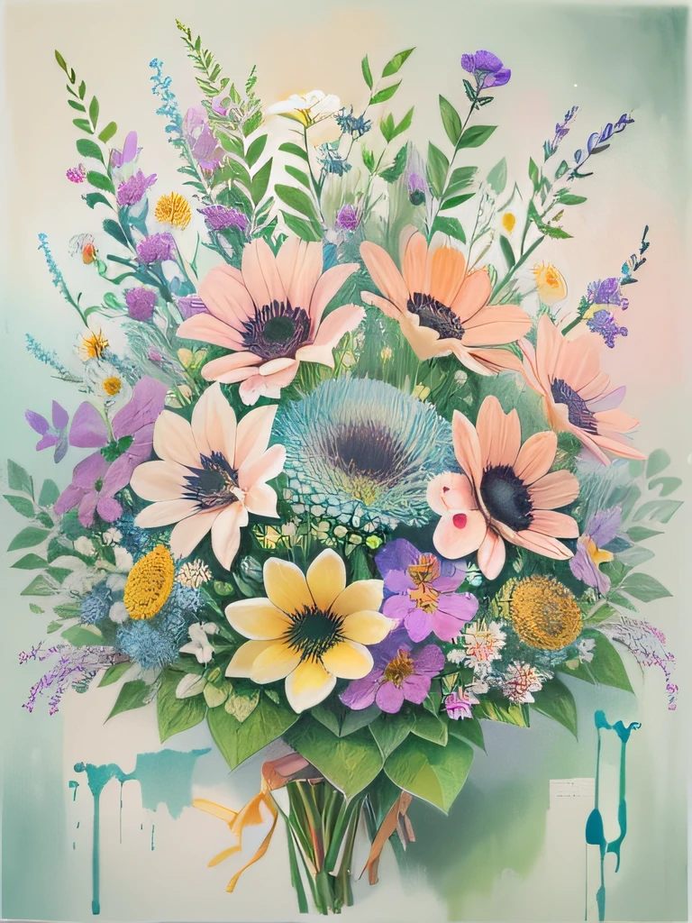 (Best Quality), (((Painting depicting a bouquet of wildflowers))), ((Luminous design)) , ((pastel colours)),((ink drips)),(Summer Lights :0.8)