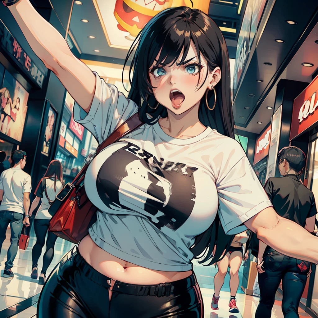 1 female,slightly fat big breasts,ridicule,Long mouth,Arm waving,tee shirt,leather pant,Blushlush,Angry,An angry look,Mall clothing store