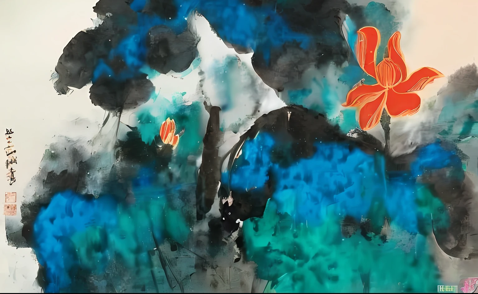 Close-up of a painting of a flower with a butterfly, author:Li Kelan, author:Wu Changshuo, Ink painting ) ) ) ), inspired by Wu Changshuo, author:Lin Tinggui, author:Lee Young-jin, author:Zhang Shuqi, author:Wang Tian , author:Gaige, author:Zhou Shuqian, author:Fu Miao