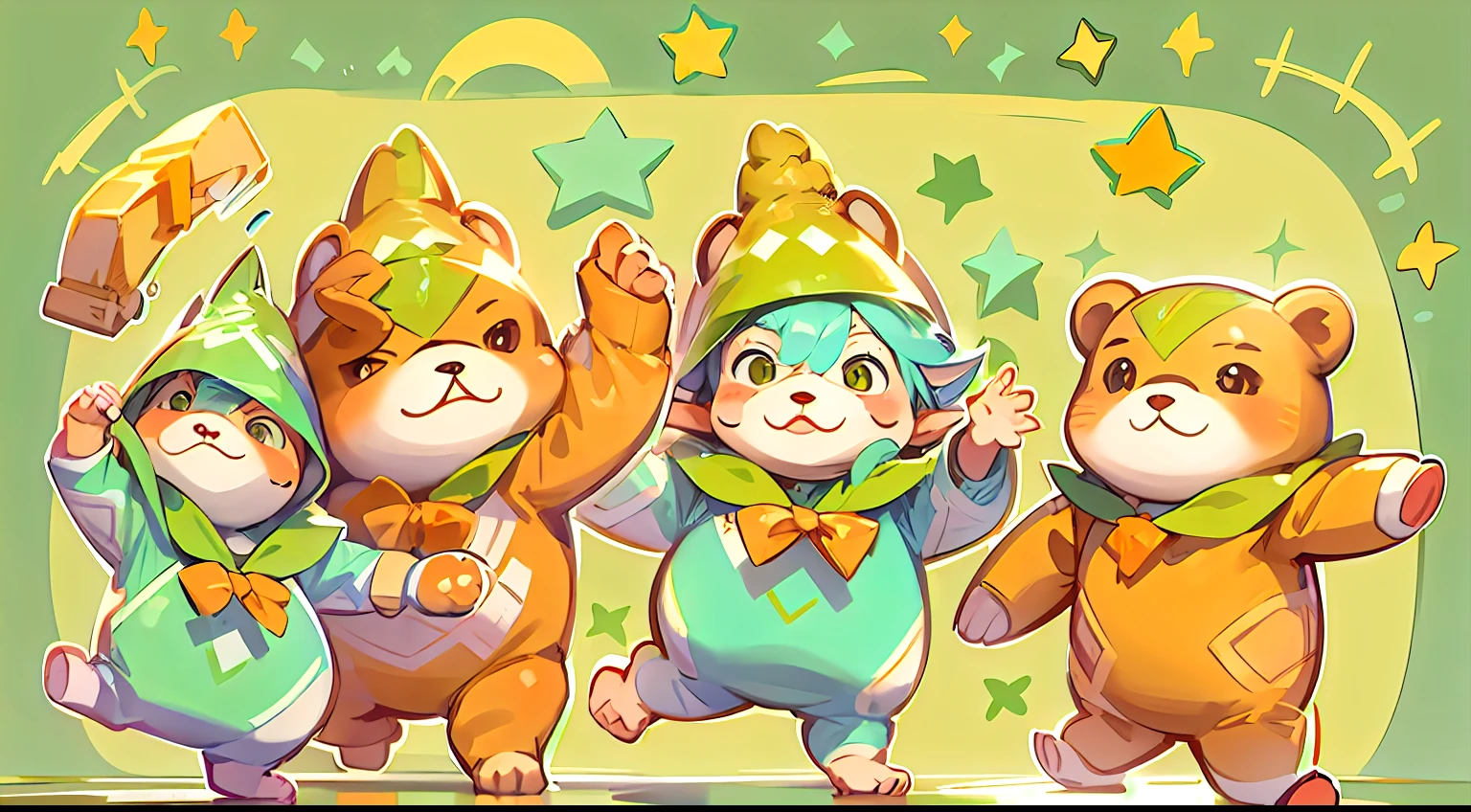 Cute elf characters drawn in realistic hand-drawn style、I work at a concept café、Today I generated a bright illustration of dancing in a bear costume。