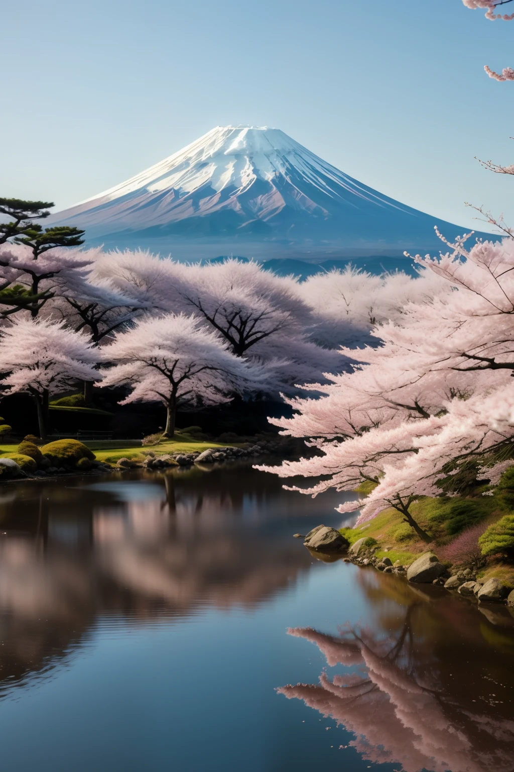 landscape, cherry trees,Mt fuji, detail, Realistic, A hyper-realistic, 8K UHD, Digital SLR, Soft lighting, High quality, filmg, FUJI XT3,(masutepiece) <la:Add_detail:1