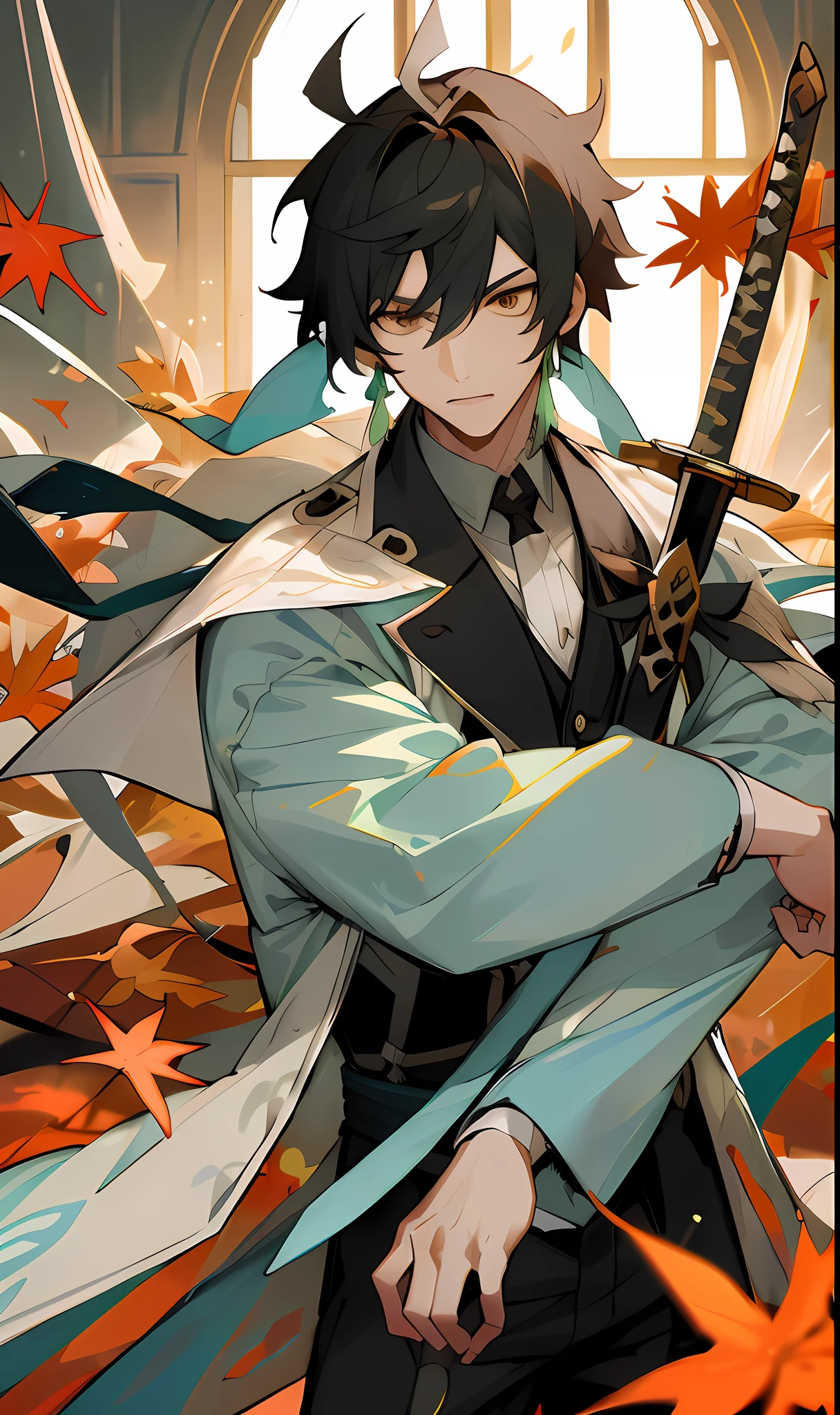 Anime characters with sword and blue jacket in front of window, inspirado em Okumura Masanobu, handsome guy in demon killer art, Keqing from Genshin Impact, From Arknights, zerochan art, Tall anime guy with blue eyes, demon slayer rui fanart, Key anime art, ((wearing aristocrat robe)), by Yang J