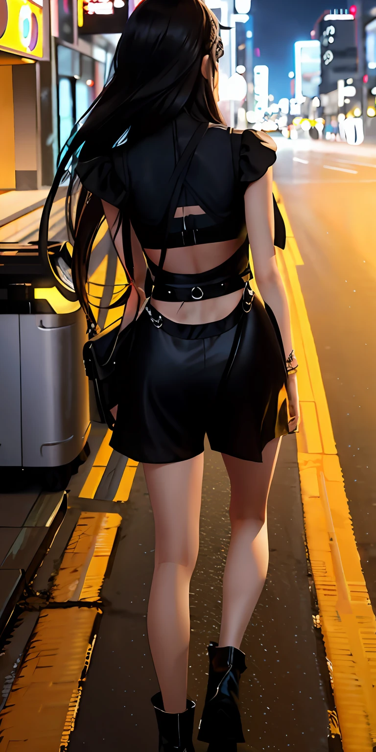 masterpiece, best quality, movie still,full body,1girl, walking down the road,view of the back,from behind, city background,long hair,floating hair,black dress,backless,black shorts,black boots
