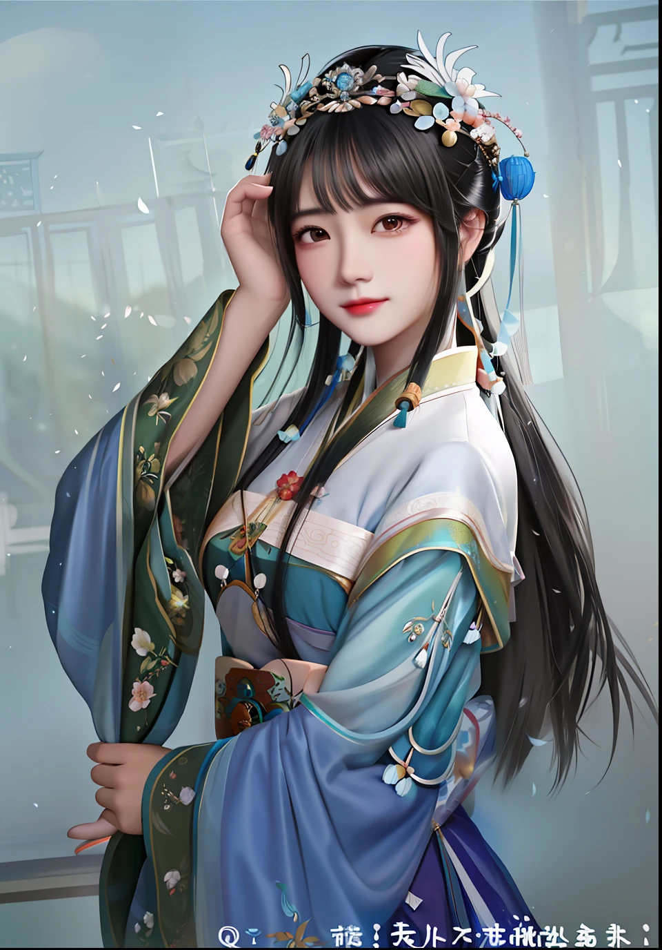 (a close up of a drawing of a woman in a blue dress，A flower stuck in his hair，Beautiful character painting，Chinese girl，palace，A girl in Hanfu，ancient chinese beauti，Princesa chinesa antiga，Inspired by Lan Ying，Inspired by Qiu Ying，inspired by Du Qiong，inspired by Li Mei-shu，author：Qu Leilei，inspired by Wu Bin)