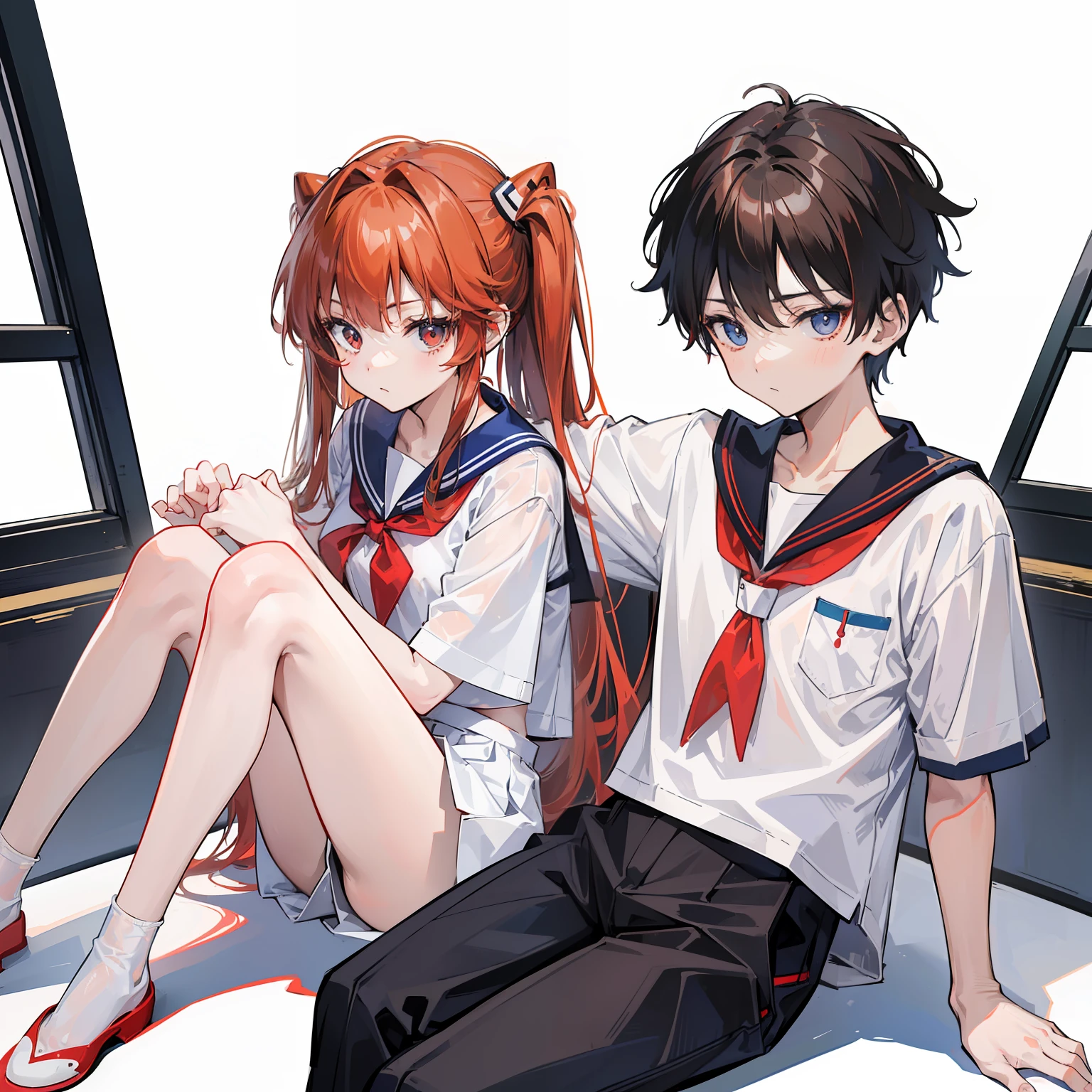 (Asuka Langley and Shinji Ikari、校服、simple background、a sailor suit、Boy with black hair、Lovers、Japan  high school students、Female foreground、Black Flat Shoes、Boy in long pants、Male child、n white short sleeve button shirt、Girl in a light blue sailor suit with short sleeves、Girl in a light blue skirt、Girl with red-brown hair color、male child) One s depicted、One girl is depicted