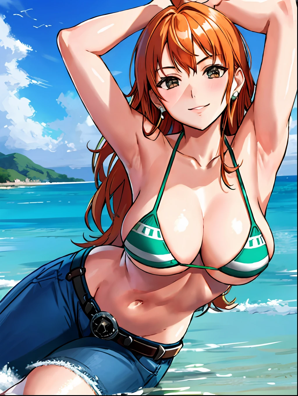 detailed background, masterpiece, 4k, epic, best quality, late youth, adult, milf, athlete body, 1girl, active, energic, ((wide open mouth, smile, lying on the ground, fully lying down, open eyes, hands spread sideway)) , solo, nami \(one piece\), 1girl, bangle, (very missy hair, tired, open mouth, feeling hot, tilting head, both hands spreadeagled, serious, hurt, glaring, open eyes, looking up, perfect detailed face, round face) bold drawing lines, muscular arms, detailed bold arm lines, flat jaw, adult woman, wavy wide streaked bangs, floating bang, (big cheeks), bare shoulders, off-shoulders, belt, bikini, bikini top only, blue sky, bracelet, springy breasts, breast lines, big round eyes, very big brown shiny eyes, bubbles, high eye position, cleavage, cloud, day, denim, earrings, floating hair, shiny hair, green belt, green bikini, bold groin lines, jeans, jewelry, medium breasts, log pose, long hair, looking at viewer, long navel, wet hair, orange hair, pants, shoulder tattoo, sidelocks, sky, solo, stomach, swimsuit, tattoo, detailed left arm, big forehead, hourglass figure, small head, toned body, wide hair, wind effect, sun effect, under the sun, narrow small ears angle, older, straight shot,