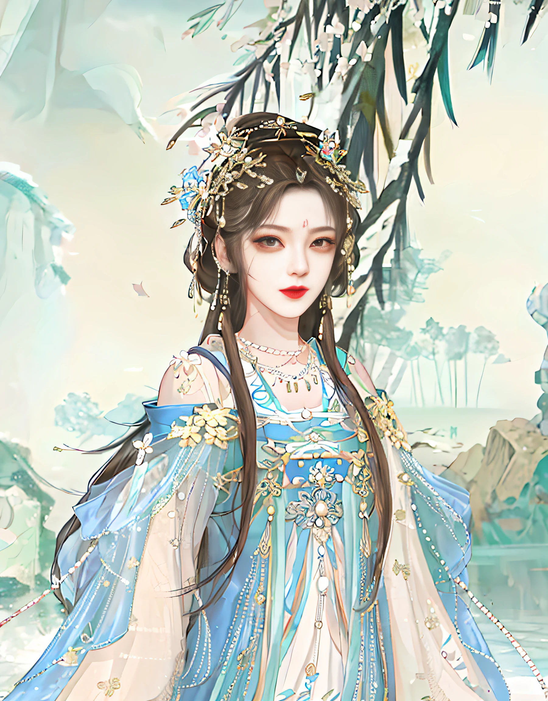 There is one wearing a blue dress，Woman with a crown on her head, a beautiful fantasy empress, ((a beautiful fantasy empress)), Palace ， A girl in Hanfu, Inspired by Lan Ying, Beautiful character painting, Inspired by Qiu Ying, Inspired by Huang Ji, inspired by Du Qiong, G Liulian art style, A beautiful artwork illustration
