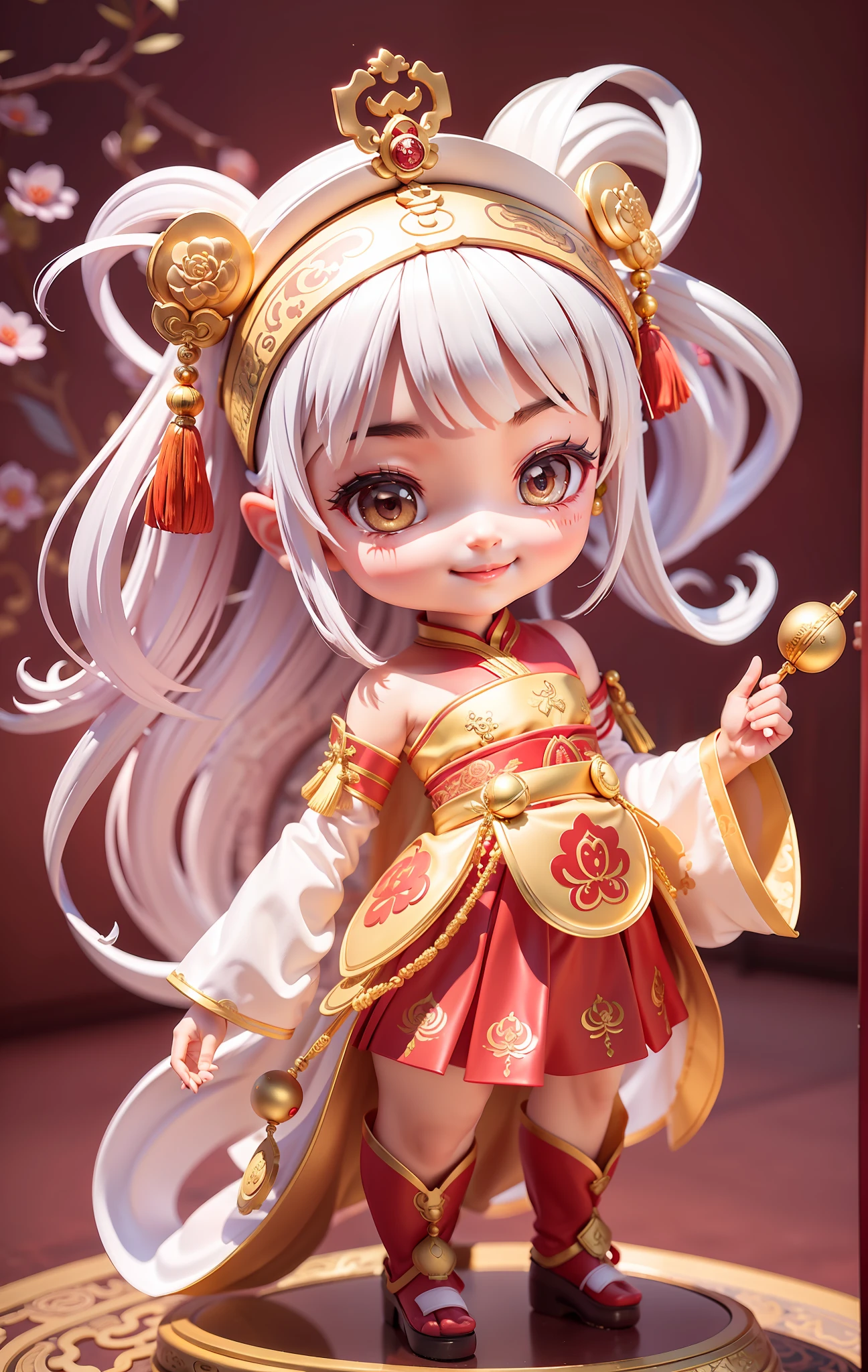 tmasterpiece,Chinese ancient style,cartoony,adolable,An ancient little girl,Wink and smile,Dressed in white ancient costumes,The cuffs have gold accents,red waistband,sliver long hair,Wear gorgeous jewelry on your head,Fan in hand,Lively atmosphere,rich details,gaming character,3Drenderingof,8K,