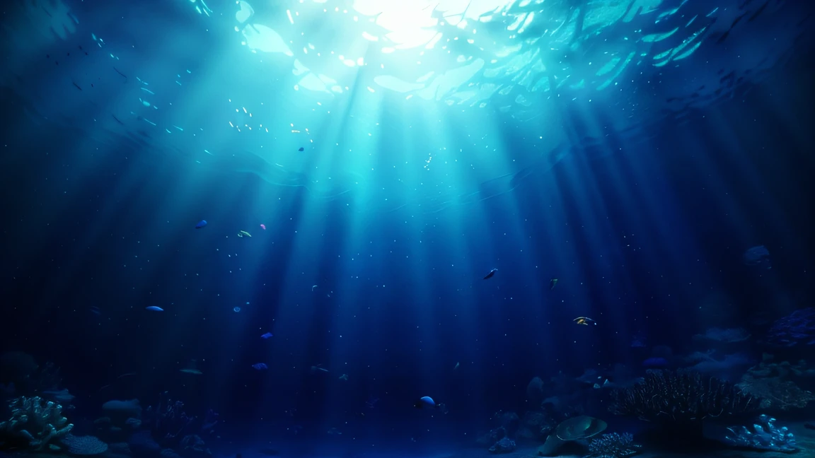 Underwater world,The sea is sparkling,Scattered light efficiency,Blue tones,Undersea and reef
