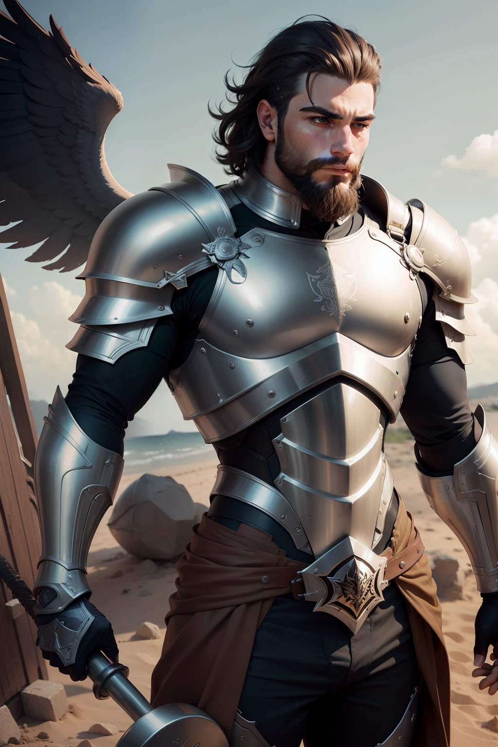um anjo guerreiro de armadura completa de cobre, cabelos ruivos longos, rosto masculino, graves, Penetrou, olhando para camera, dynamic and imposing posture, corpo inteiro, masculino, sem barba