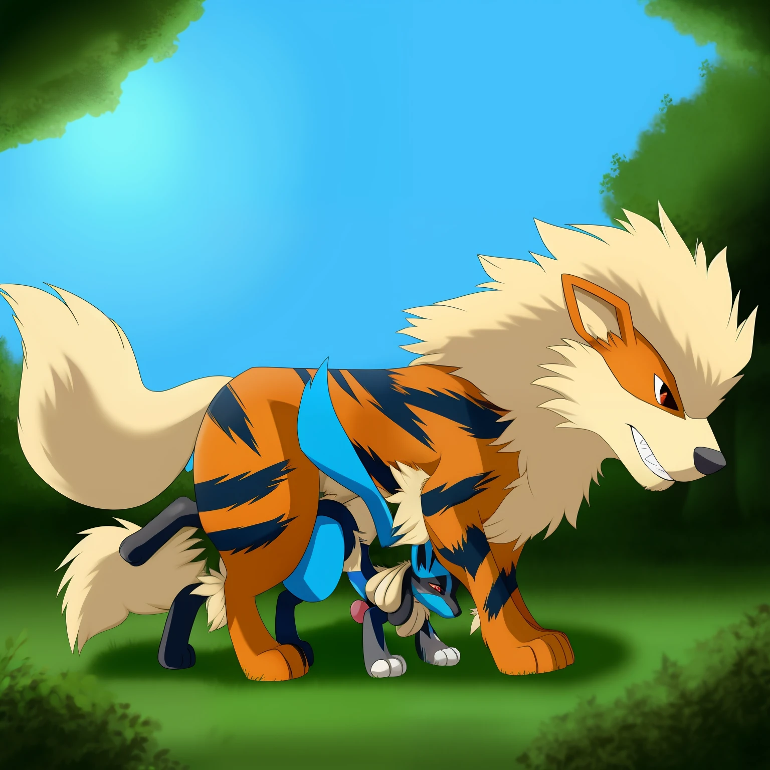 Feral pokemon arcanine humping Lucario in the forest
