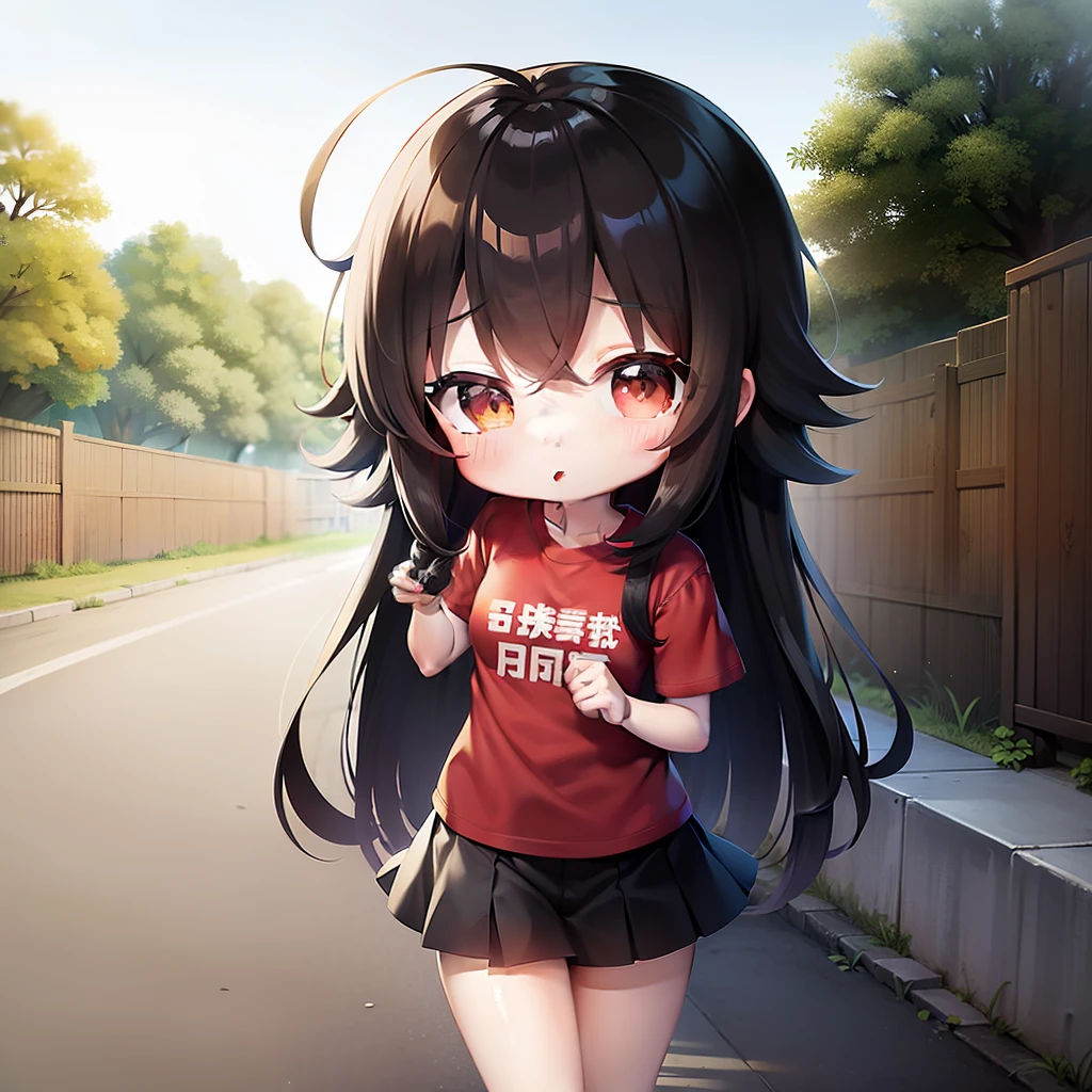 (((Chibichara))),female with long black hair、Wearing a red shirt and black skirt.You are taking a stroll in a residential area.